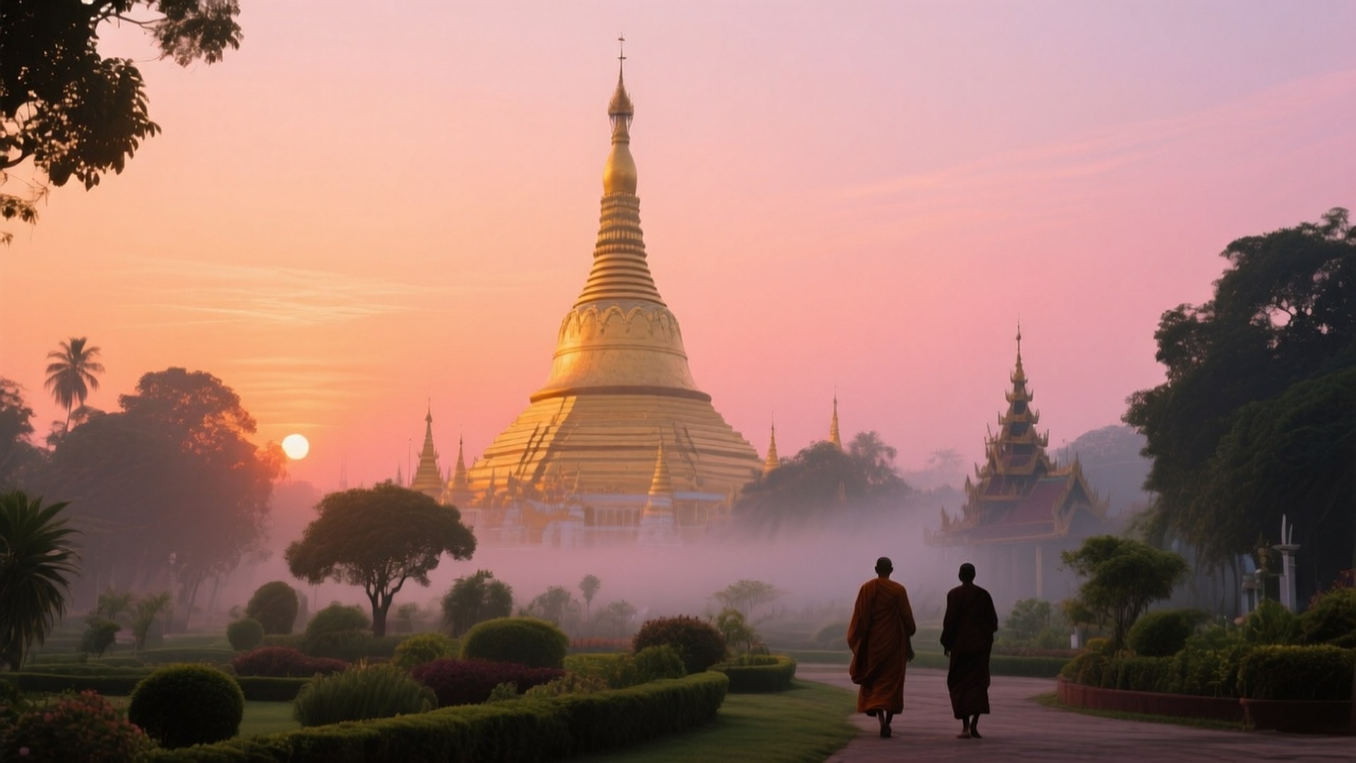 Golden Dawn Over Shwedagon 壁紙 — 兩位身穿藏紅色長袍的僧侶沿著小徑走向一座在霧氣晨曦中閃耀的金色寶塔。