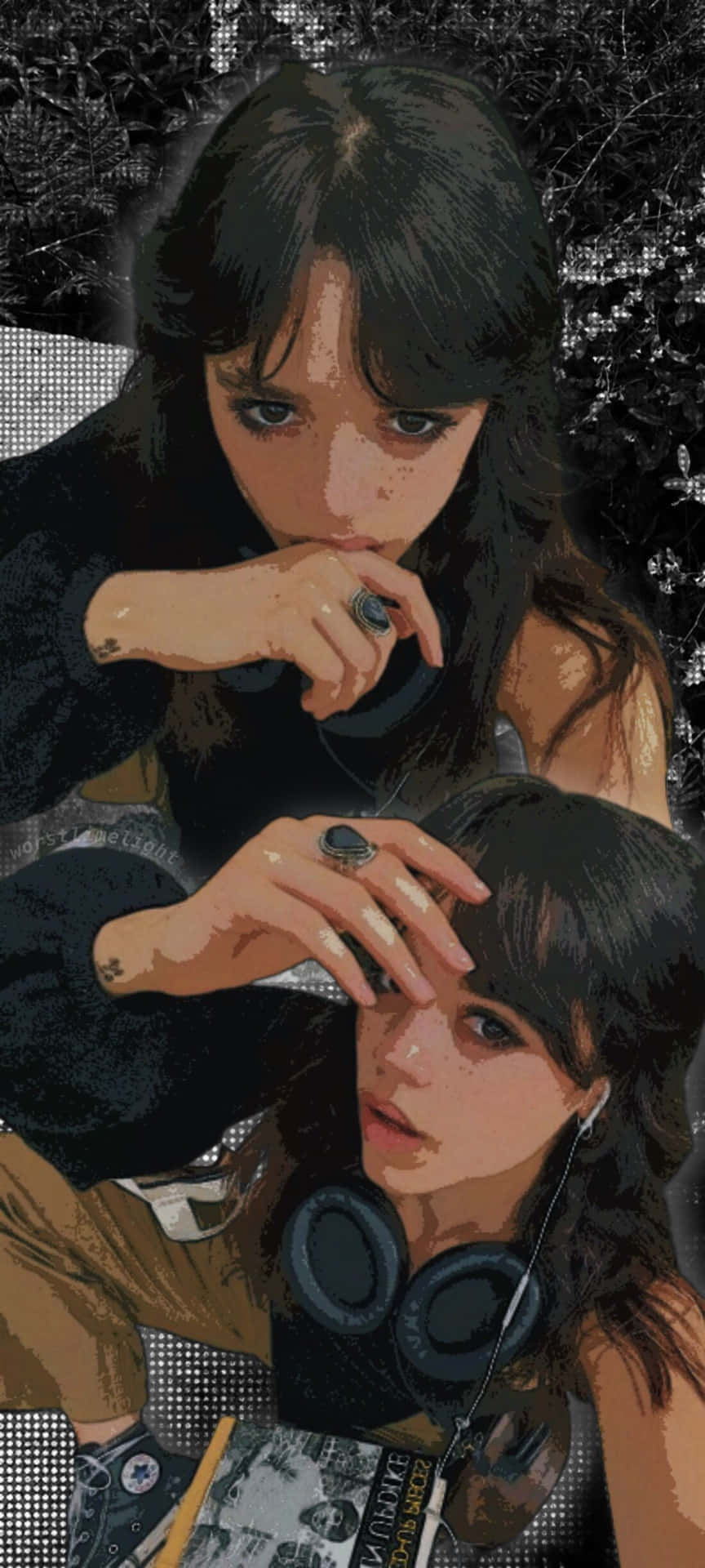  壁紙 — 兩位深色頭髮、戴著戒指的年輕女性在粗糙的像素化背景前親密擺姿勢。