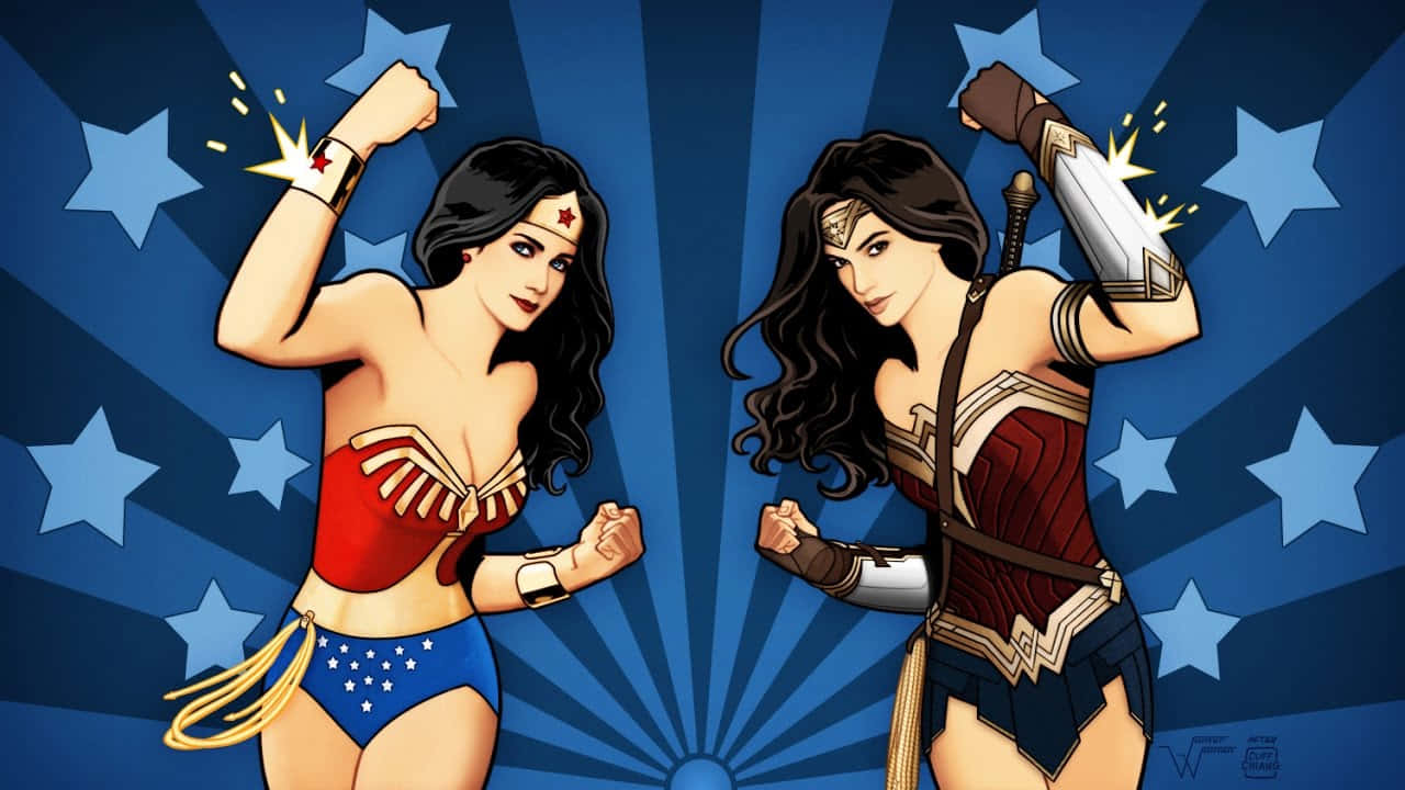  壁紙 — 兩位以經典服裝描繪的神奇女俠在藍色星爆背景下強勢擺姿勢。