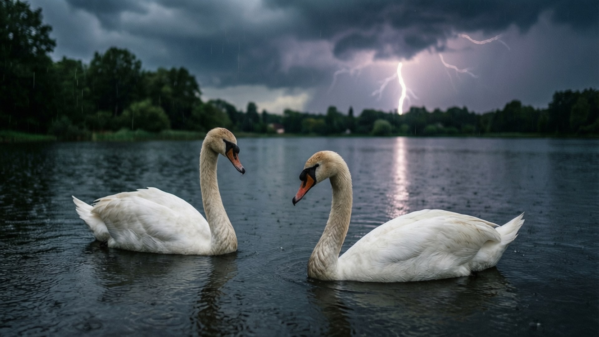 Swans in Storm 壁紙 — 兩隻白天鵝在暴風雨的湖面上對峙，上方的烏雲中閃電劃過。