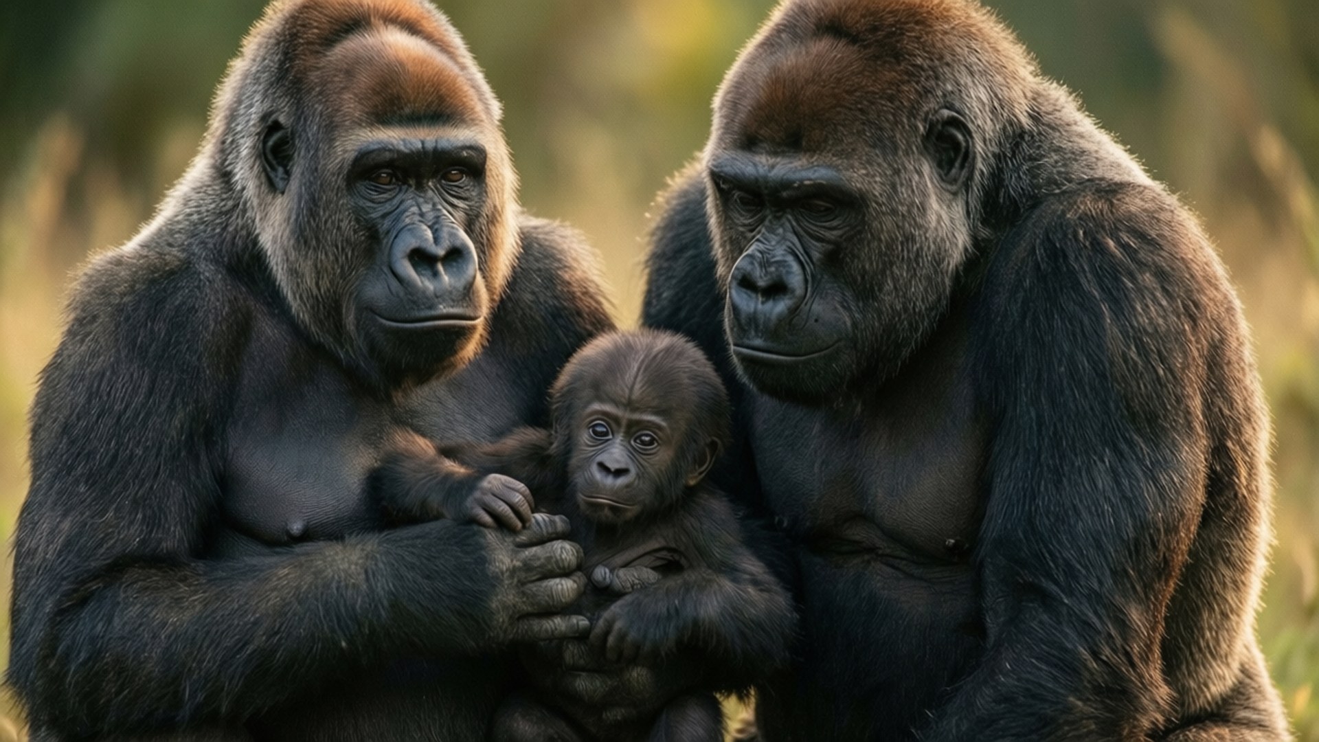 Gorilla Family 壁紙 — 兩隻成年大猩猩在陽光照耀的草地上輕輕地抱著一隻大猩猩寶寶。