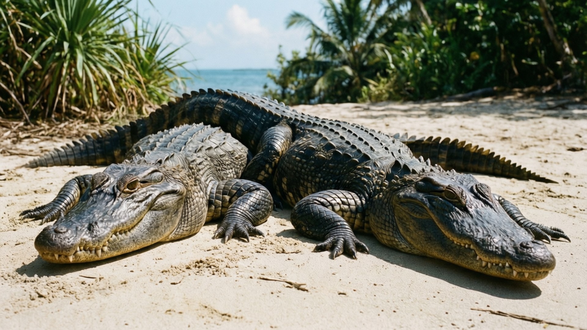 Pair of Basking Alligators 壁紙 — 兩隻大鱷魚並排躺在陽光明媚的沙灘上，背景有棕櫚樹和海洋。