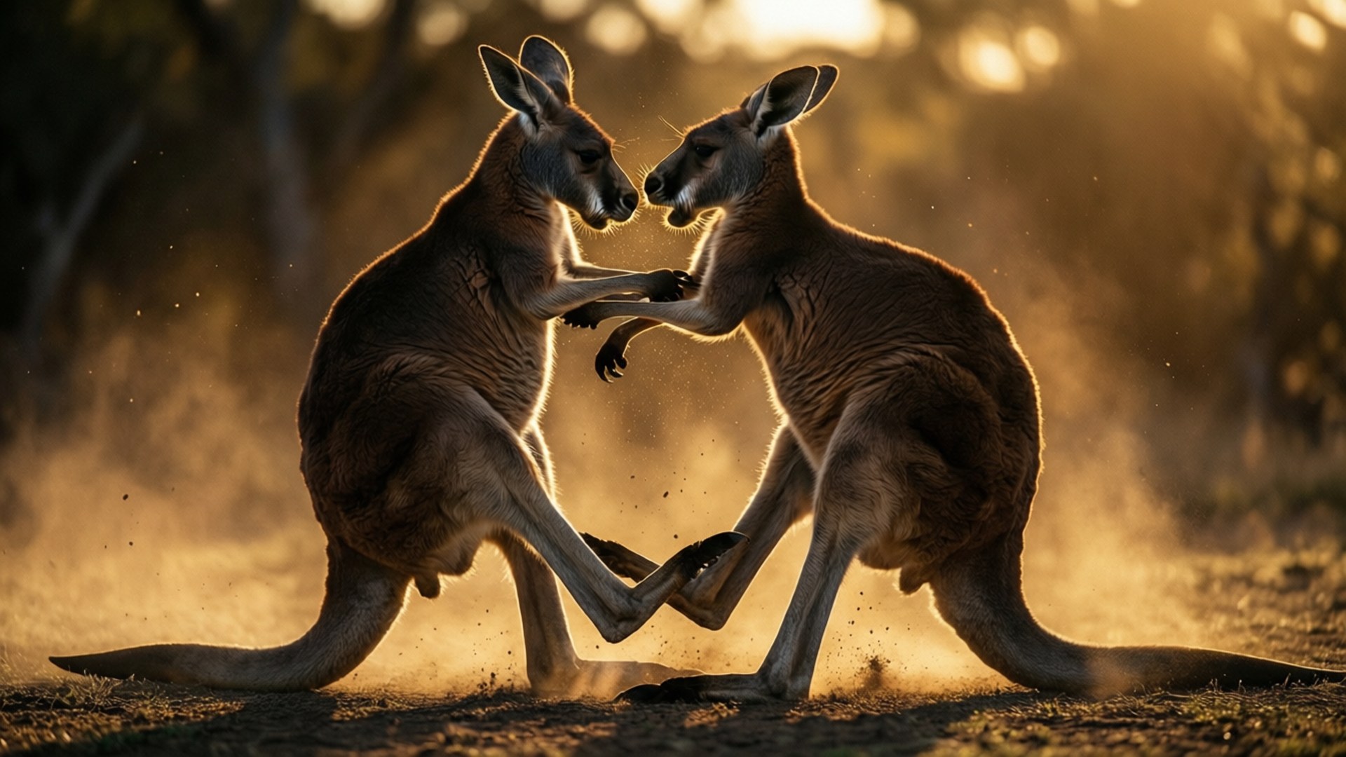 Kangaroo Boxing Duel 壁紙 — 兩隻袋鼠在塵土飛揚的競技場上對峙，金色陽光將牠們肌肉發達的身軀沐浴在溫暖的光芒中。