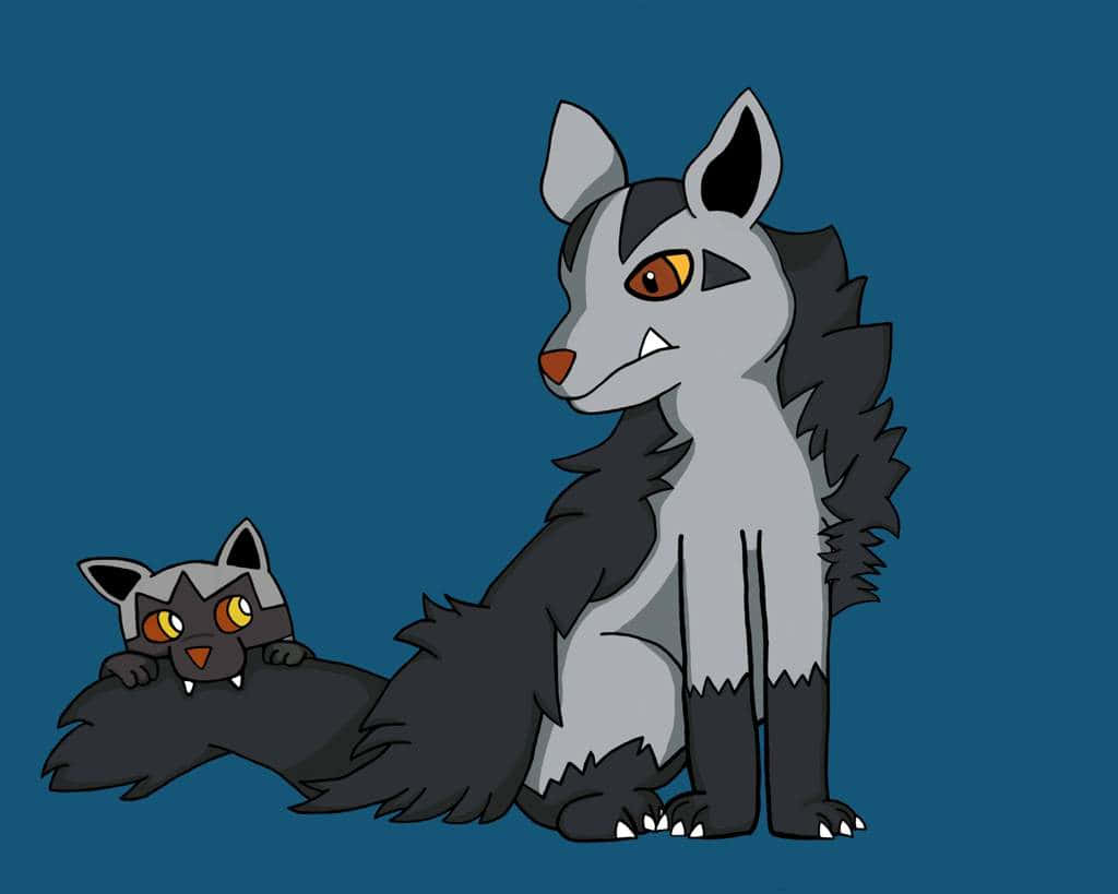Poochyena 桌布 壁紙 — 兩隻風格化的灰色和黑色狐狸狀生物，有橙色眼睛，坐在純藍色背景上，一大一小。