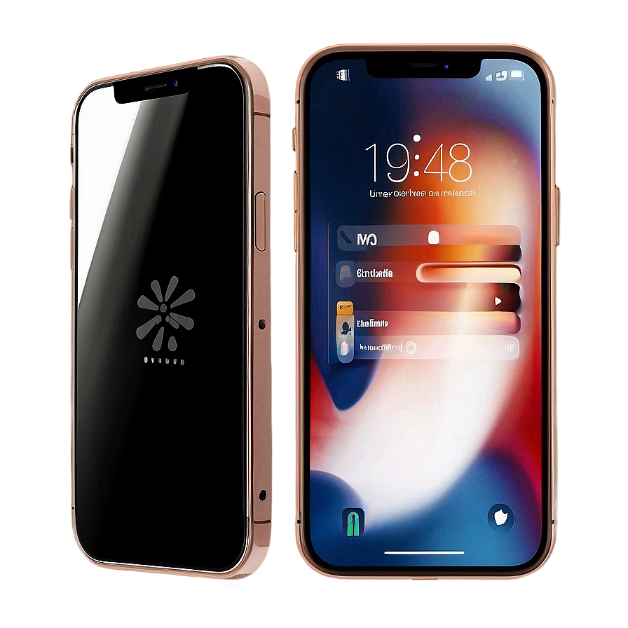 兩支玫瑰金iPhone，一支顯示鎖定螢幕，另一支顯示帶有標誌的黑色背面 — iPhone 13 Pro Max 壁紙