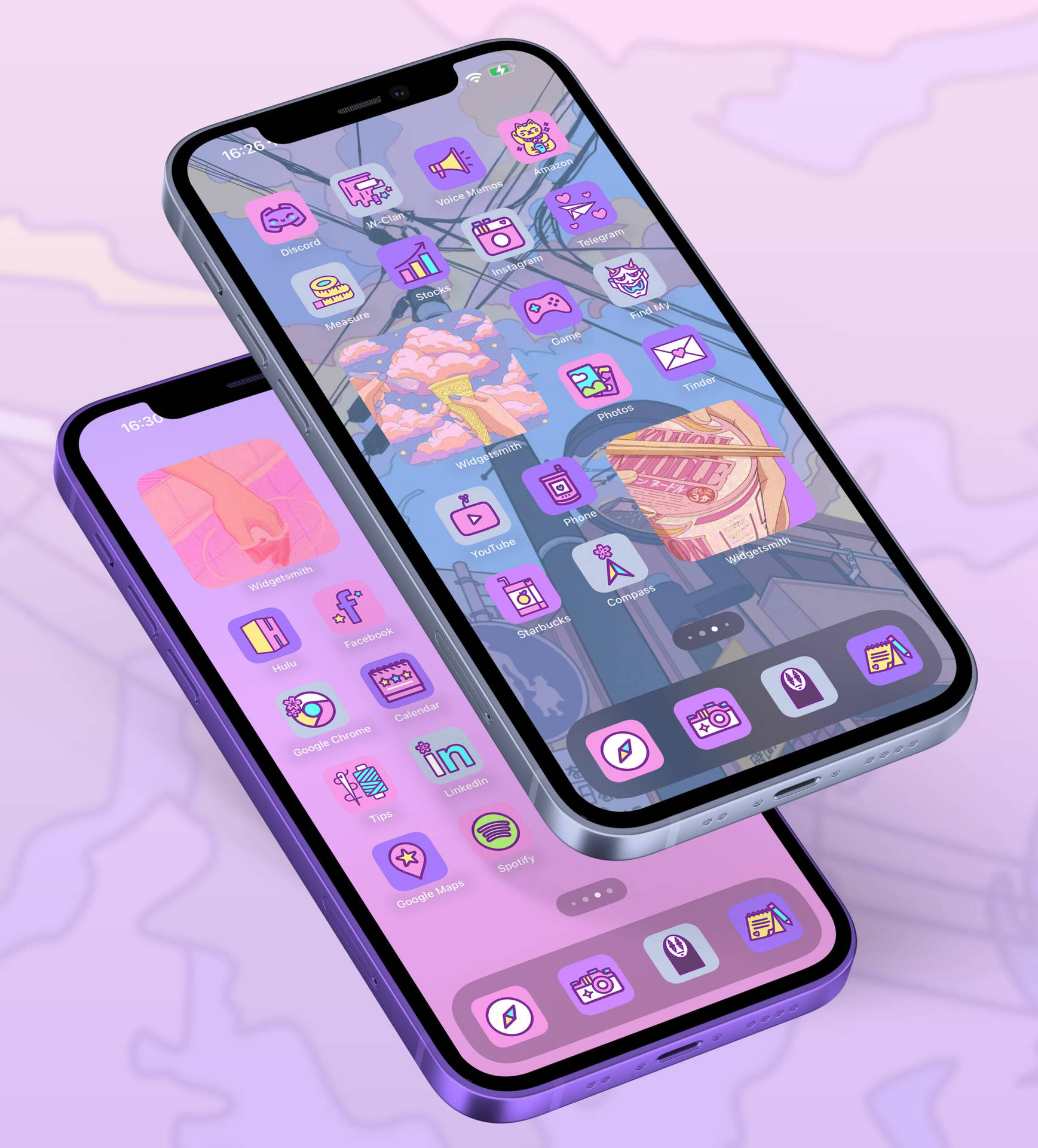 兩支智慧型手機在粉紫色背景上顯示應用程式圖示。 — iPhone X 壁紙