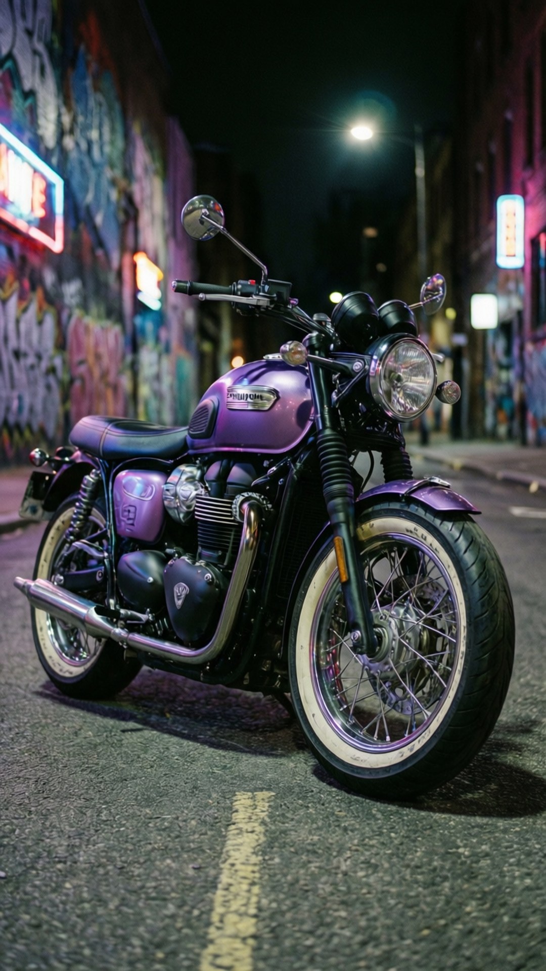 Purple Bobber Night 壁紙 — 一輛亮紫色Triumph機車在夜晚停泊在霓虹燈照亮的塗鴉小巷中。