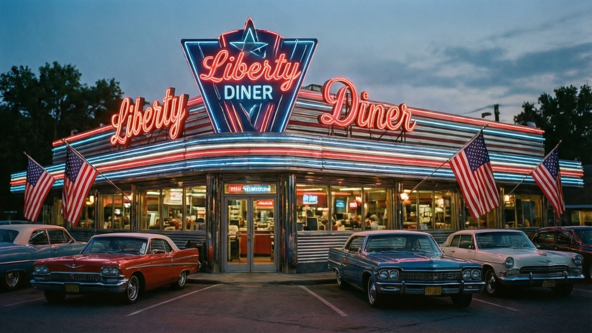 Diner on the Fourth 壁紙 — 一間名為 Liberty Diner 的復古餐廳在黃昏時閃爍著霓虹燈光，復古汽車停在外面，上方飄揚著美國國旗。