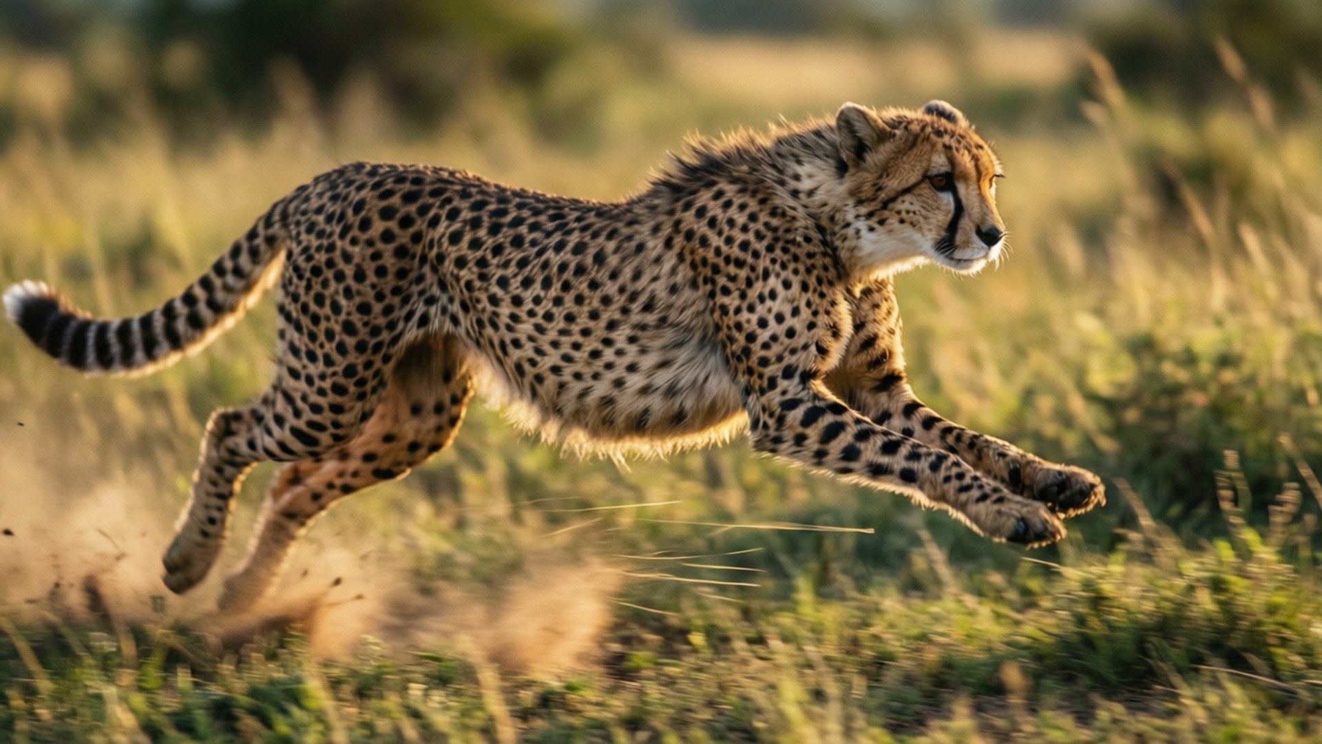 Cheetah Speed Sprint 壁紙 — 獵豹穿過金色草地奔馳，腳下揚起灰塵。