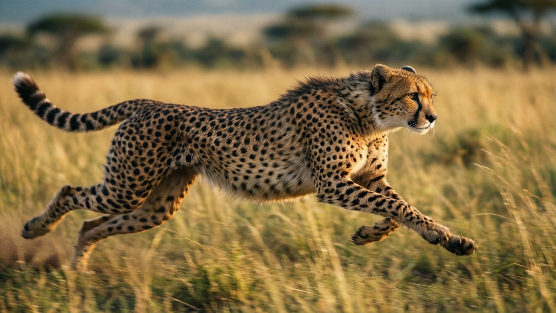 Cheetah Sprint 壁紙 — 獵豹在溫暖的陽光下，專注地衝過金色的草原。