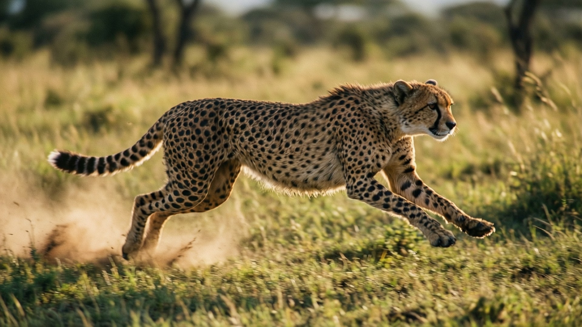 Cheetah in Full Sprint 壁紙 — 獵豹在陽光明媚的稀樹草原上穿過金色草地，揚起塵土。