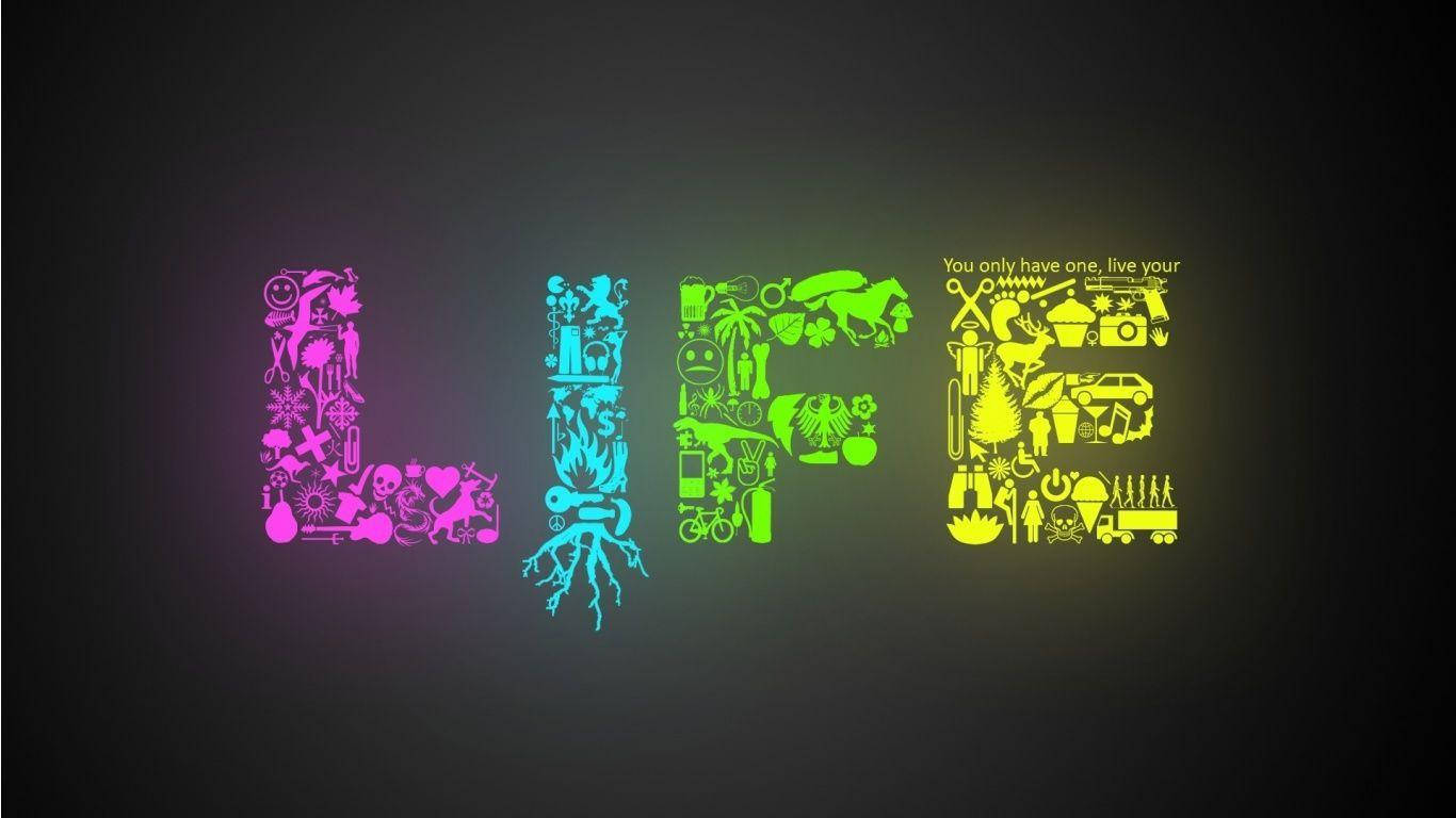 Coolest 桌布 壁紙 — 「LIFE」一詞以鮮豔的漸層色彩發光，每個字母都充滿了象徵體驗和活動的多樣化圖示。