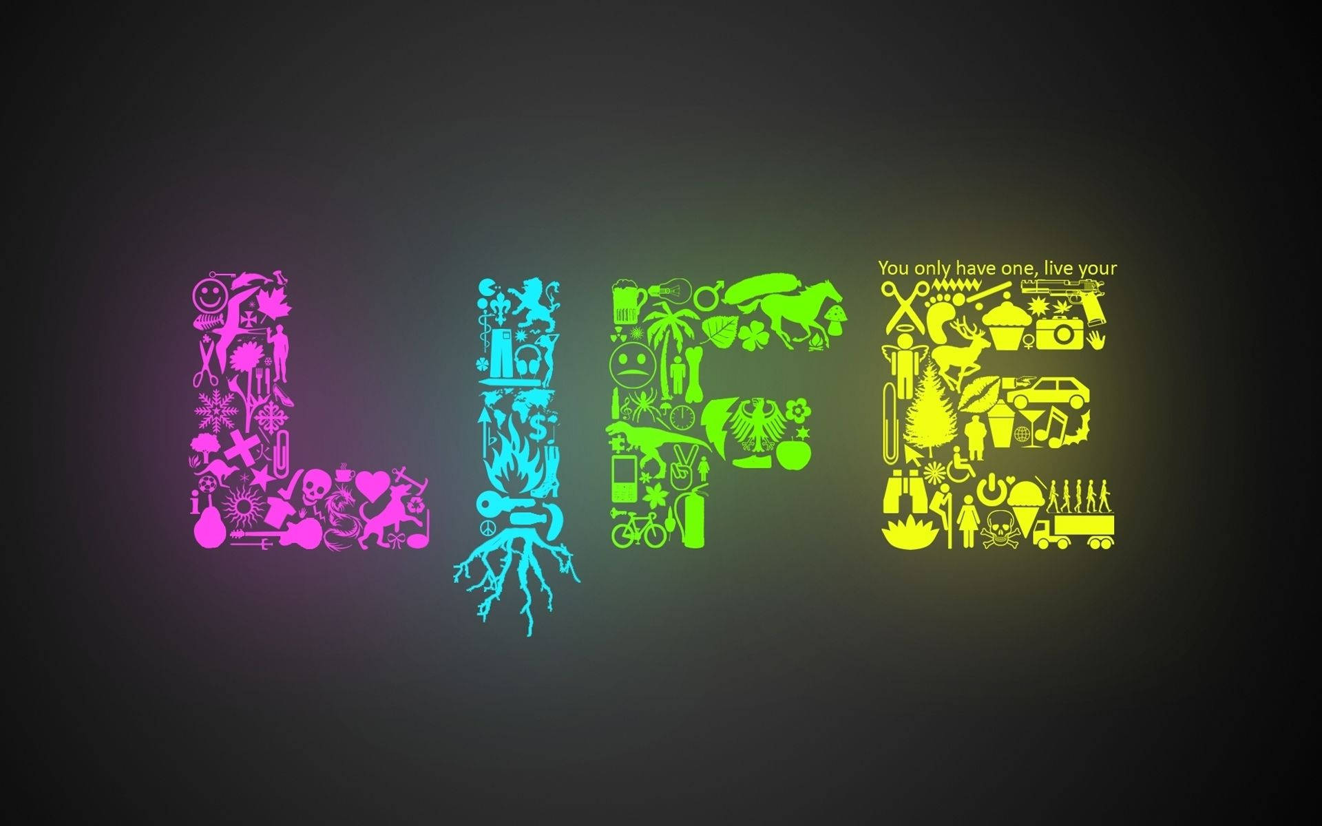 life 桌布 壁紙 — 「LIFE」一詞以鮮豔的霓虹色彩發光，每個字母都充滿了多種圖標，象徵著存在的不同方面，背景為深色漸變。
