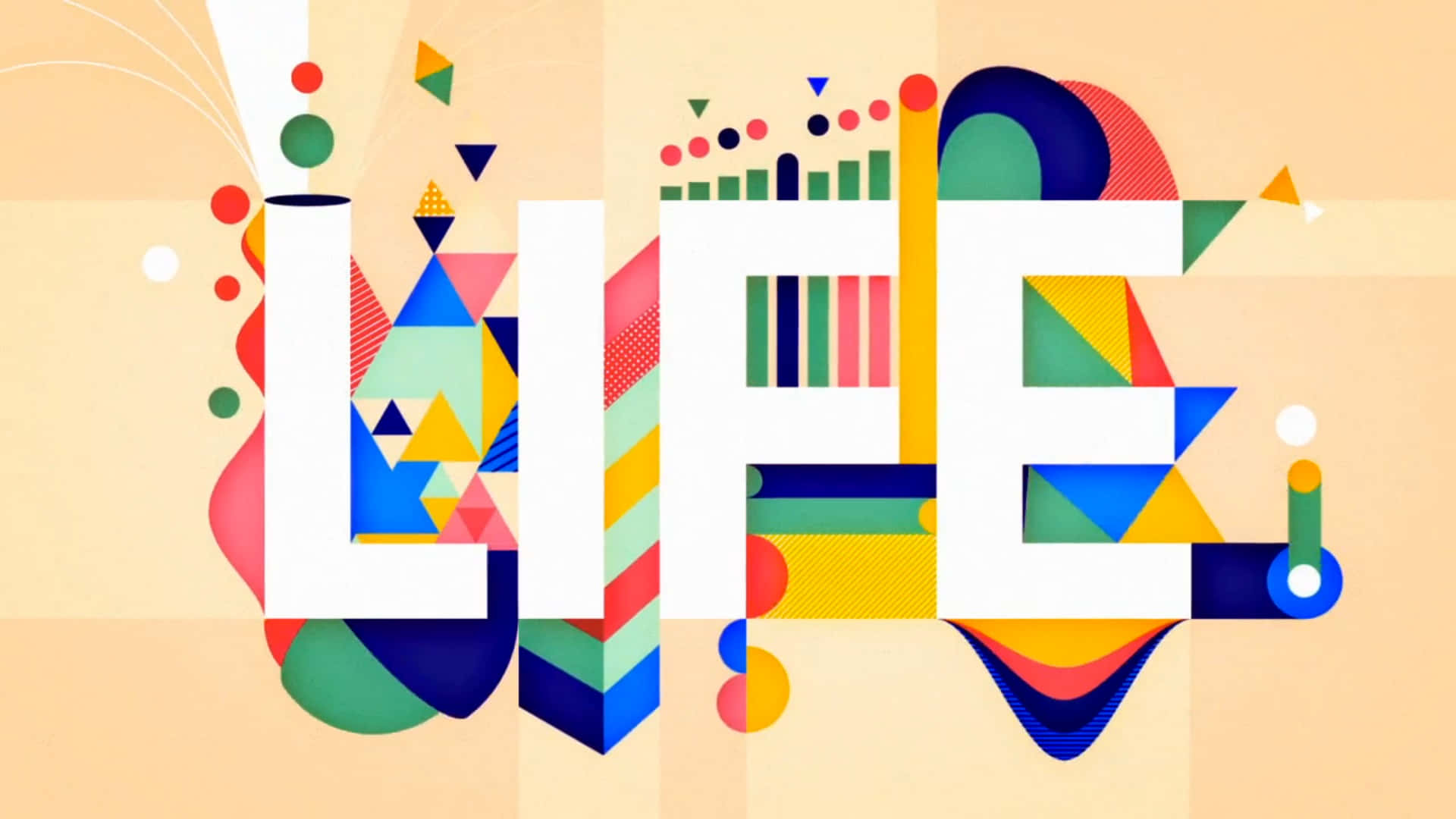life 桌布 壁紙 — 「LIFE」這個詞在溫暖的米色背景上，以充滿活力的幾何形狀和大膽的色彩爆發出來。