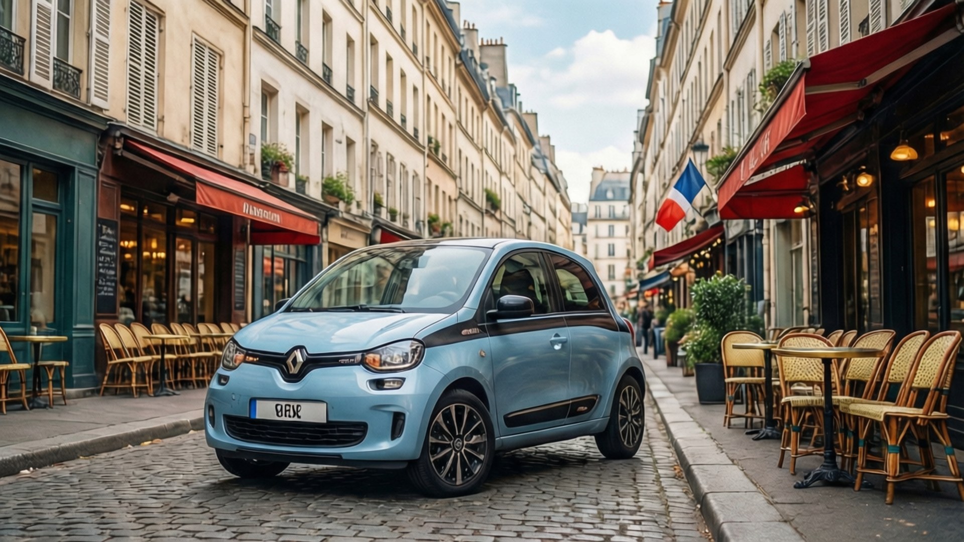 Twingo in Paris 壁紙 — 一輛淺藍色雷諾Zoe電動車停在鋪滿鵝卵石的街道上，兩旁是巴黎咖啡館和紅色遮陽篷。
