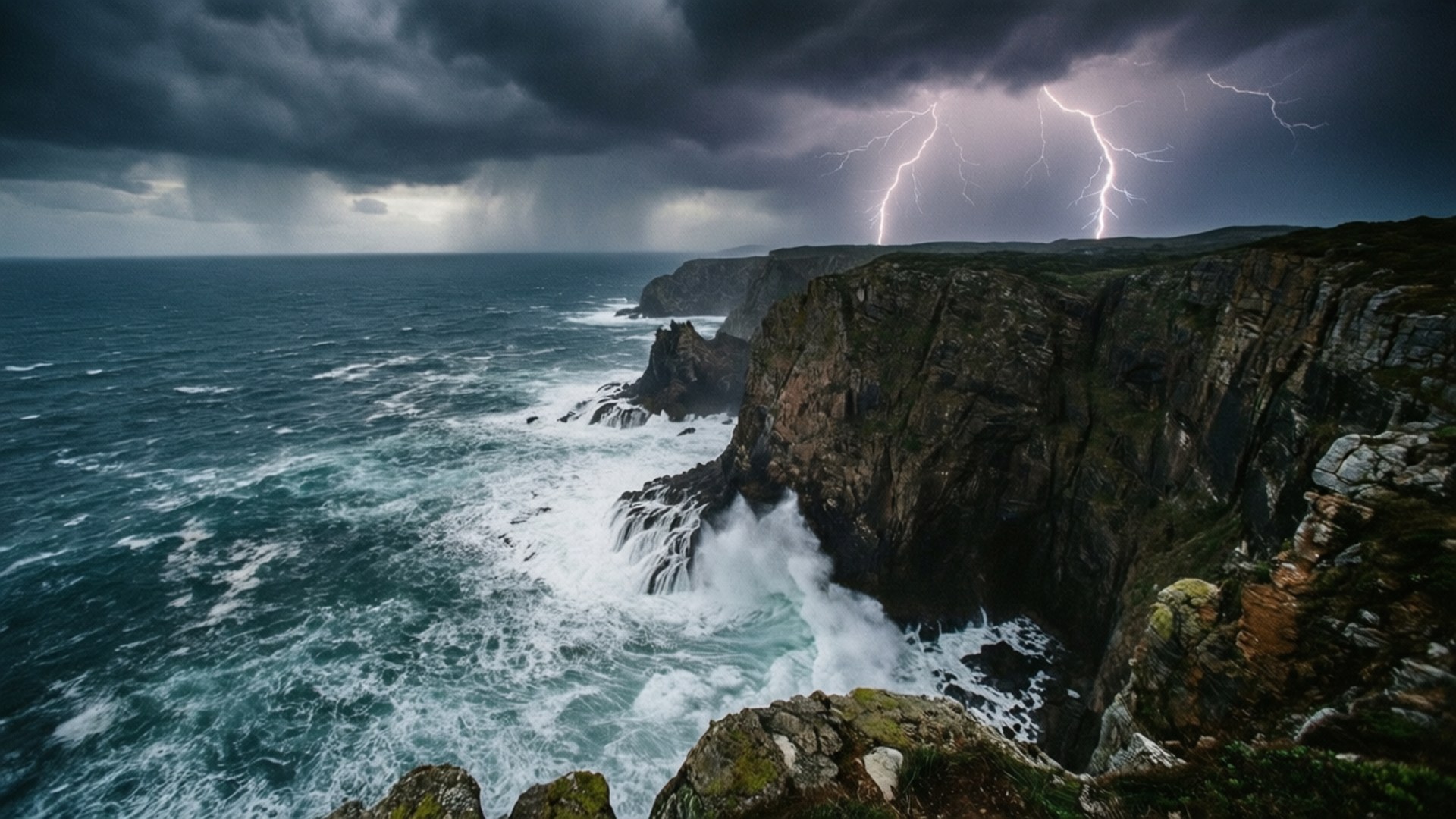 暴風雨的海浪衝擊懸崖，閃電在黑暗的天空中閃爍。 — 1366X768 壁紙