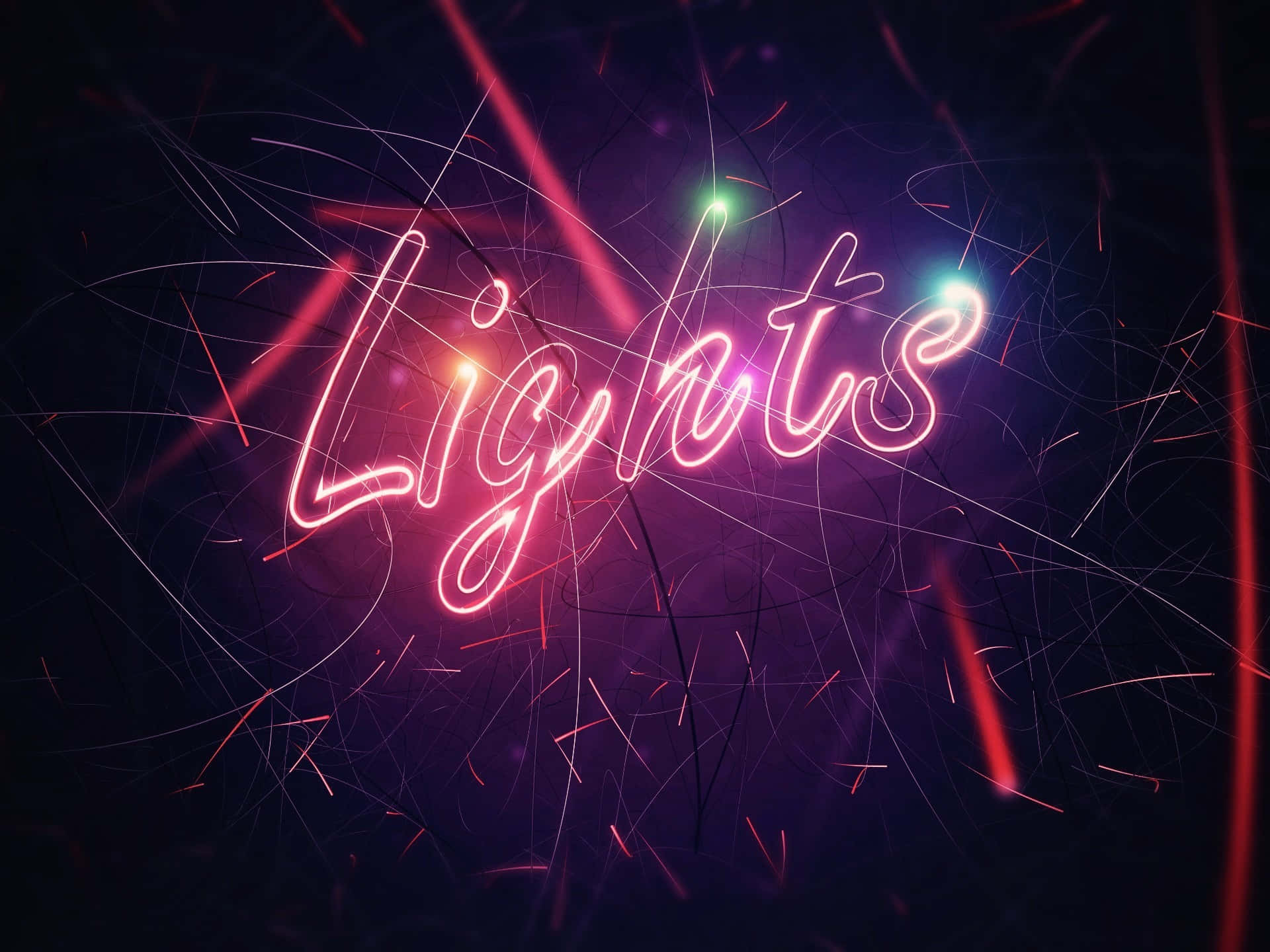  壁紙 — 「Lights」這個詞在帶有火紅和紫色光跡的深色背景上，以鮮豔的粉紅色霓虹燈閃耀。