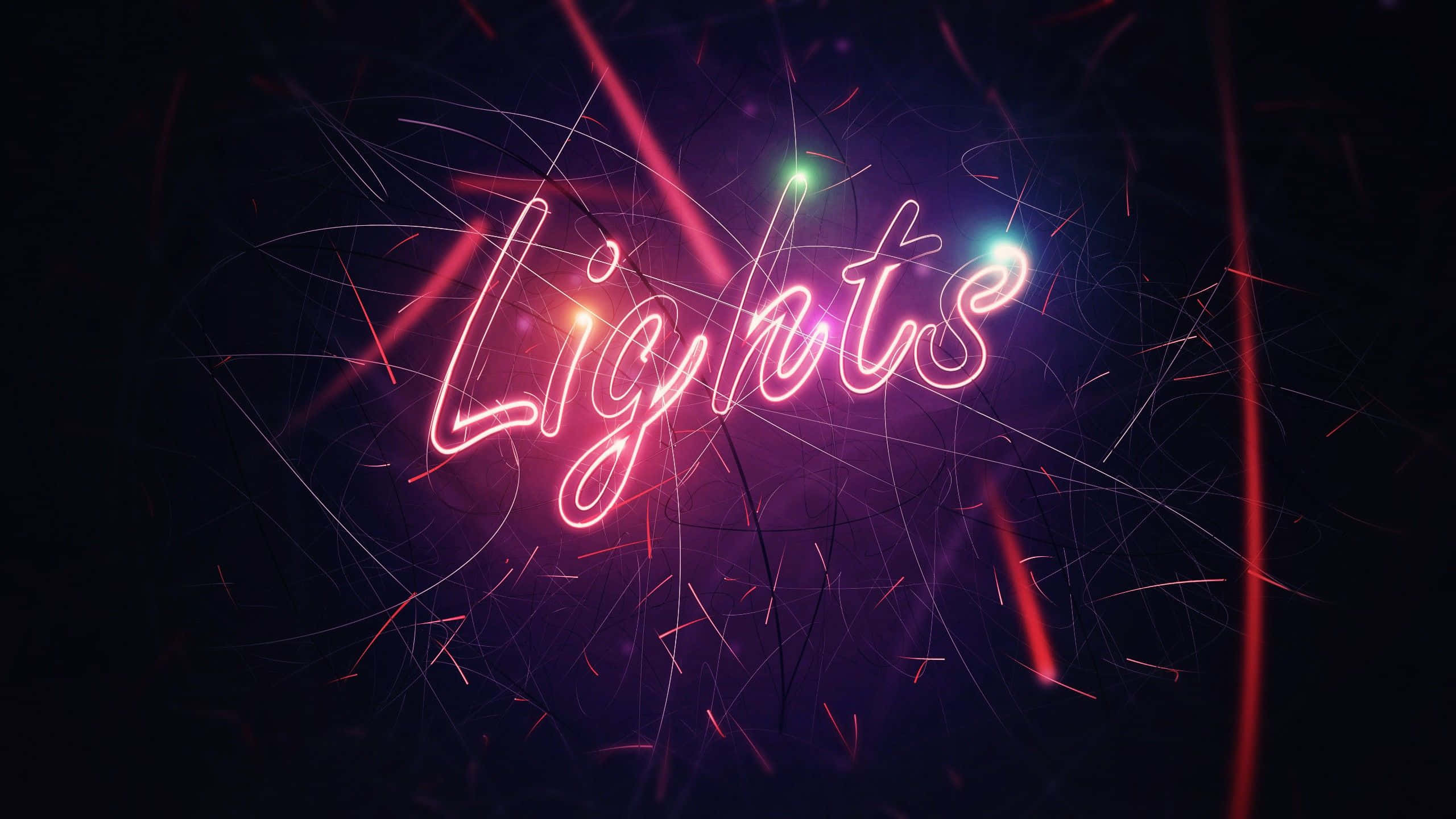 霓虹 桌布 壁紙 — 「Lights」一詞在帶有電光紅紫火花的黑暗背景上以鮮豔的霓虹字體發光。