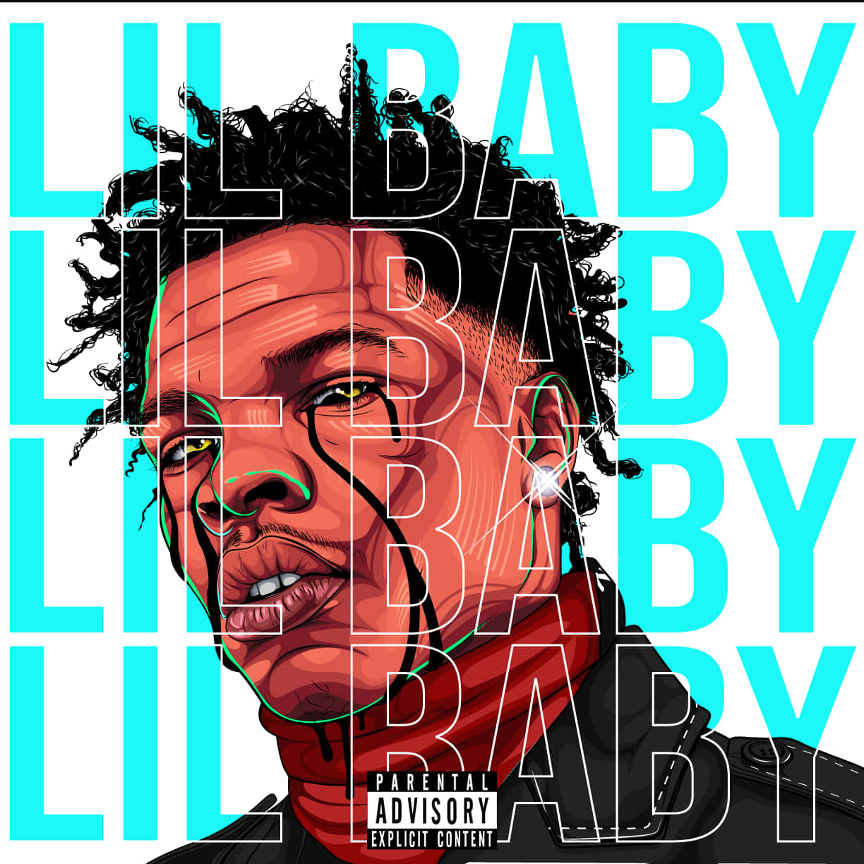 Lil Baby Cartoon 桌布 壁紙 — Lil Baby 的鮮豔數位插圖，帶有粗體青色文字疊加和紅色圍巾，背景為白色。