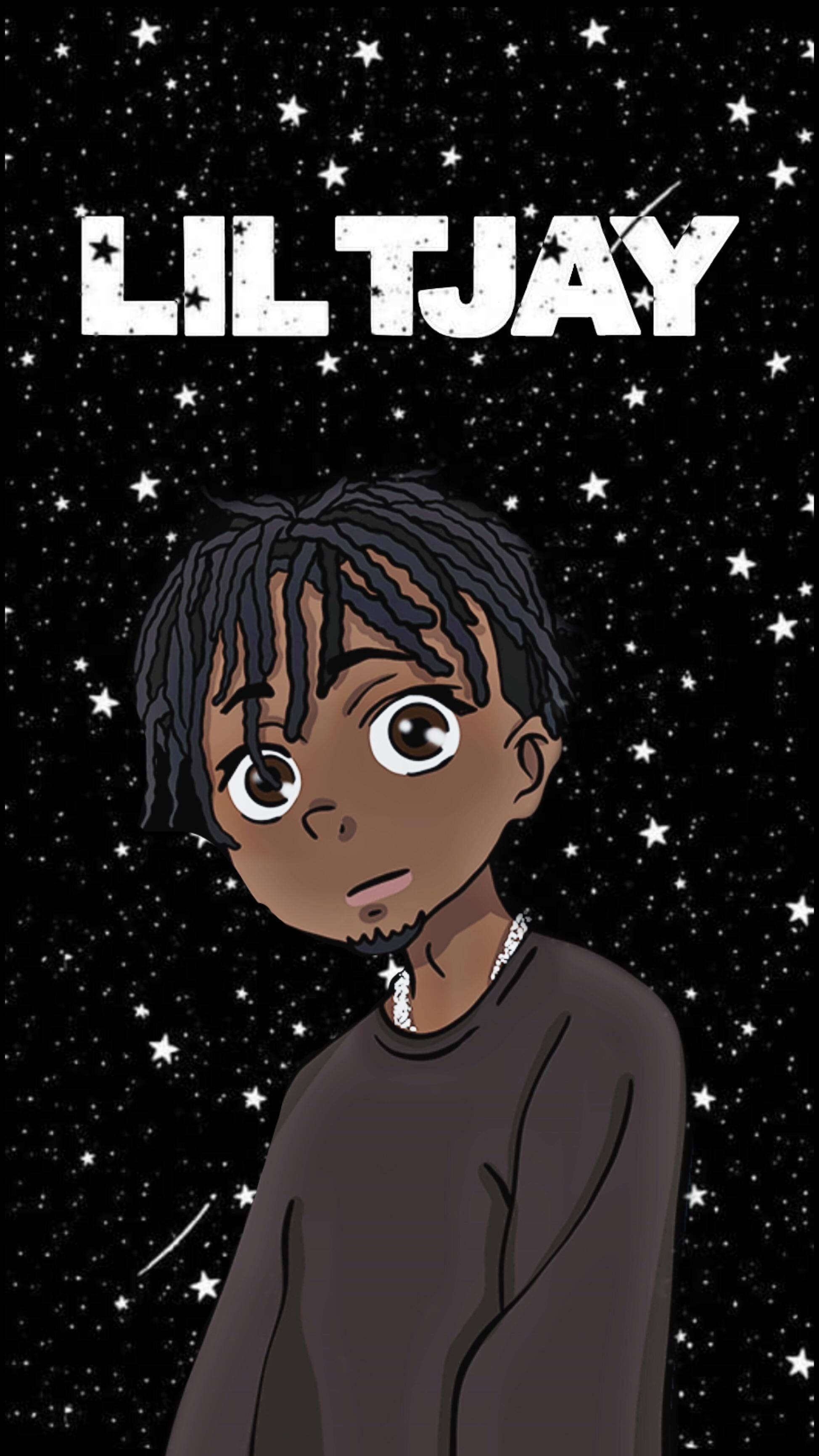 Lil Tjay 桌布 壁紙 — Lil Tjay 的動漫風格肖像，背景是星空，他的名字以粗體白色文字呈現。