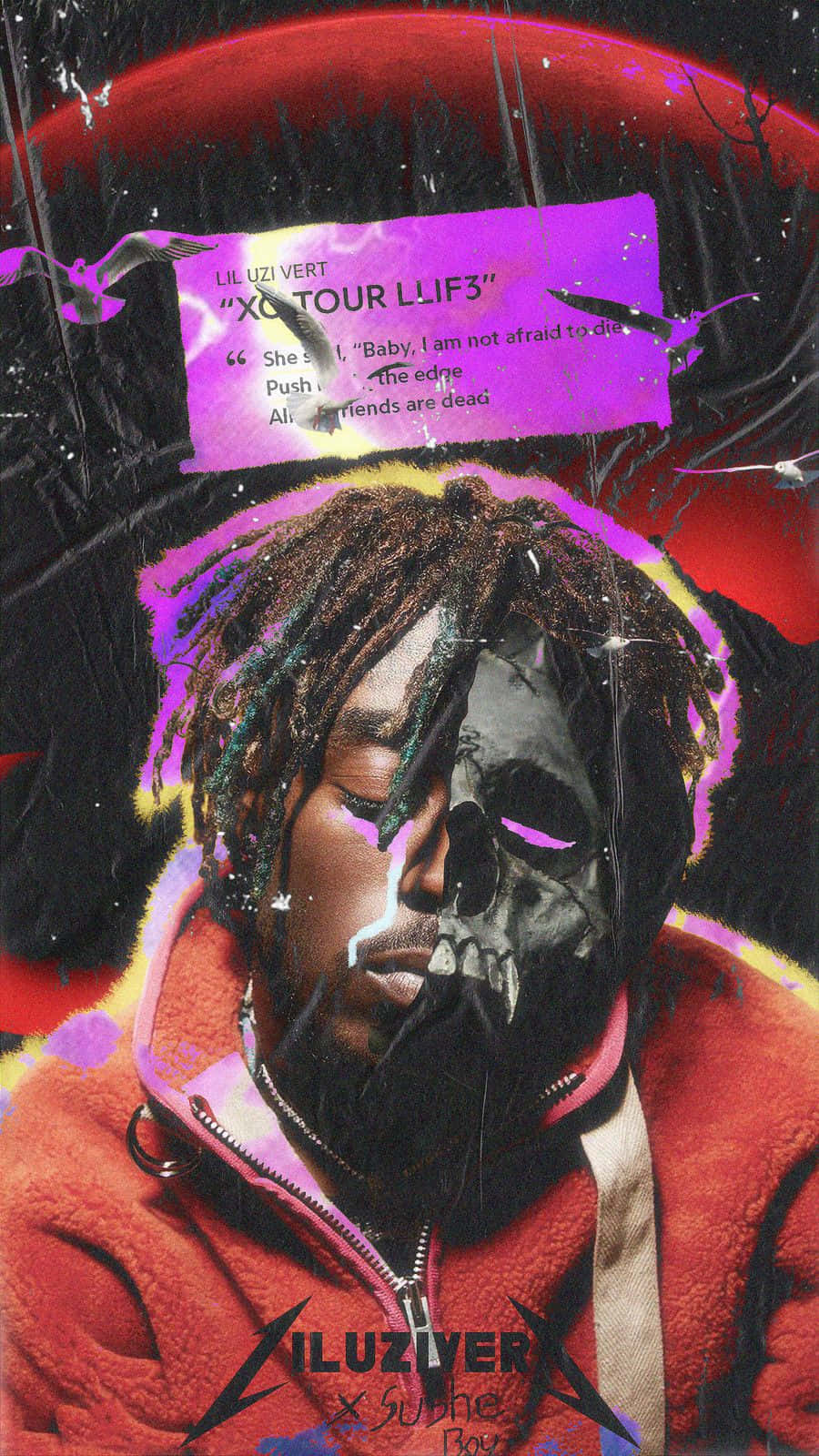 說唱歌手 桌布 壁紙 — Lil Uzi Vert 的風格化肖像，半邊臉為骷髏頭，身穿紅色外套，背景為深紅色和黑色，帶有紫色文字疊加。