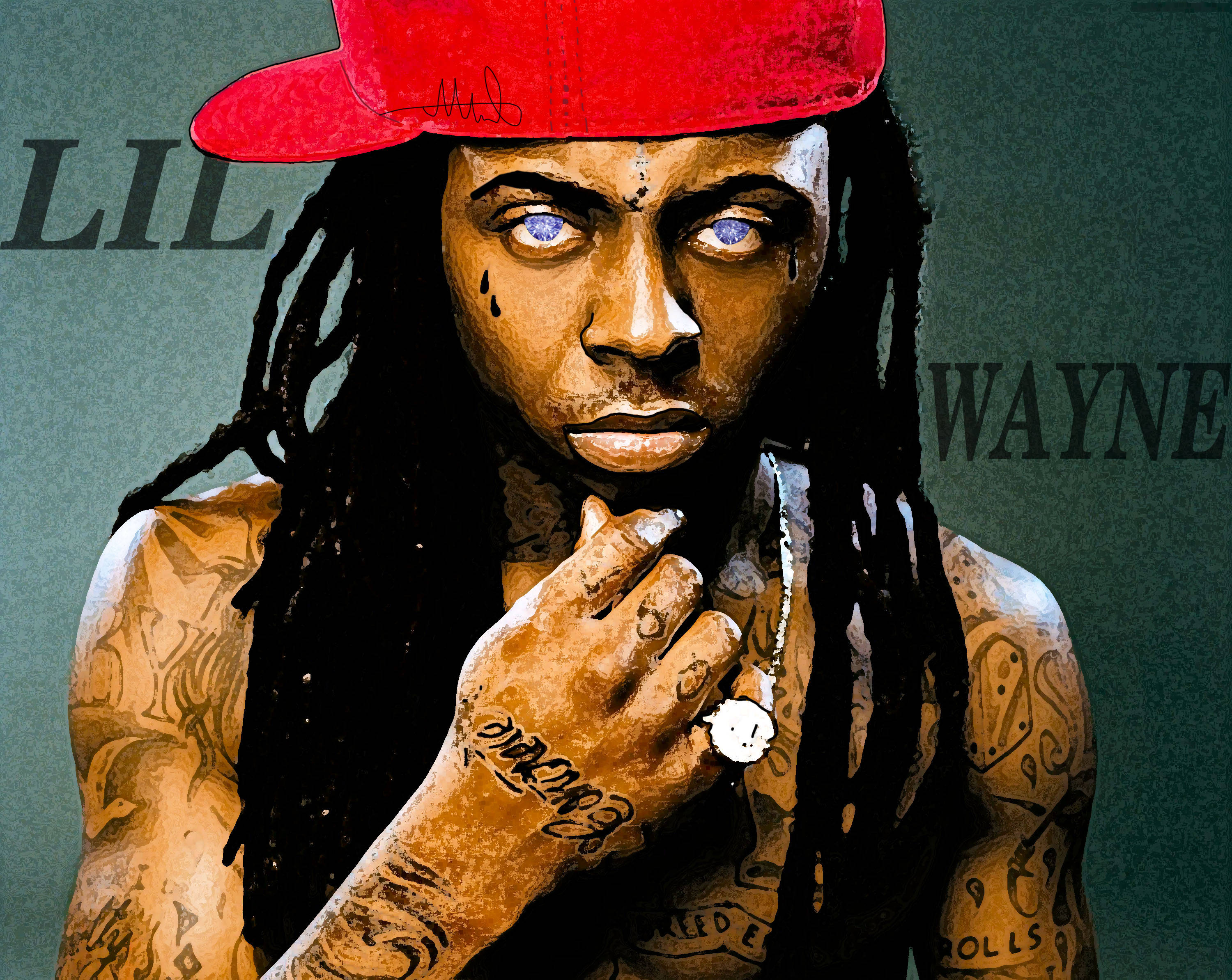Lil Wayne 桌布 壁紙 — Lil Wayne 的風格化肖像，戴著紅色帽子，藍色眼睛發光，有刺青，背景是柔和的綠色，並有他的名字。