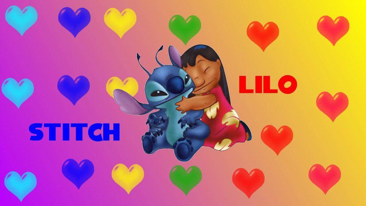 stitch 3d 桌布 壁紙 — Lilo 和 Stitch 在彩虹漸層背景上溫暖地擁抱，背景點綴著色彩繽紛的心形。