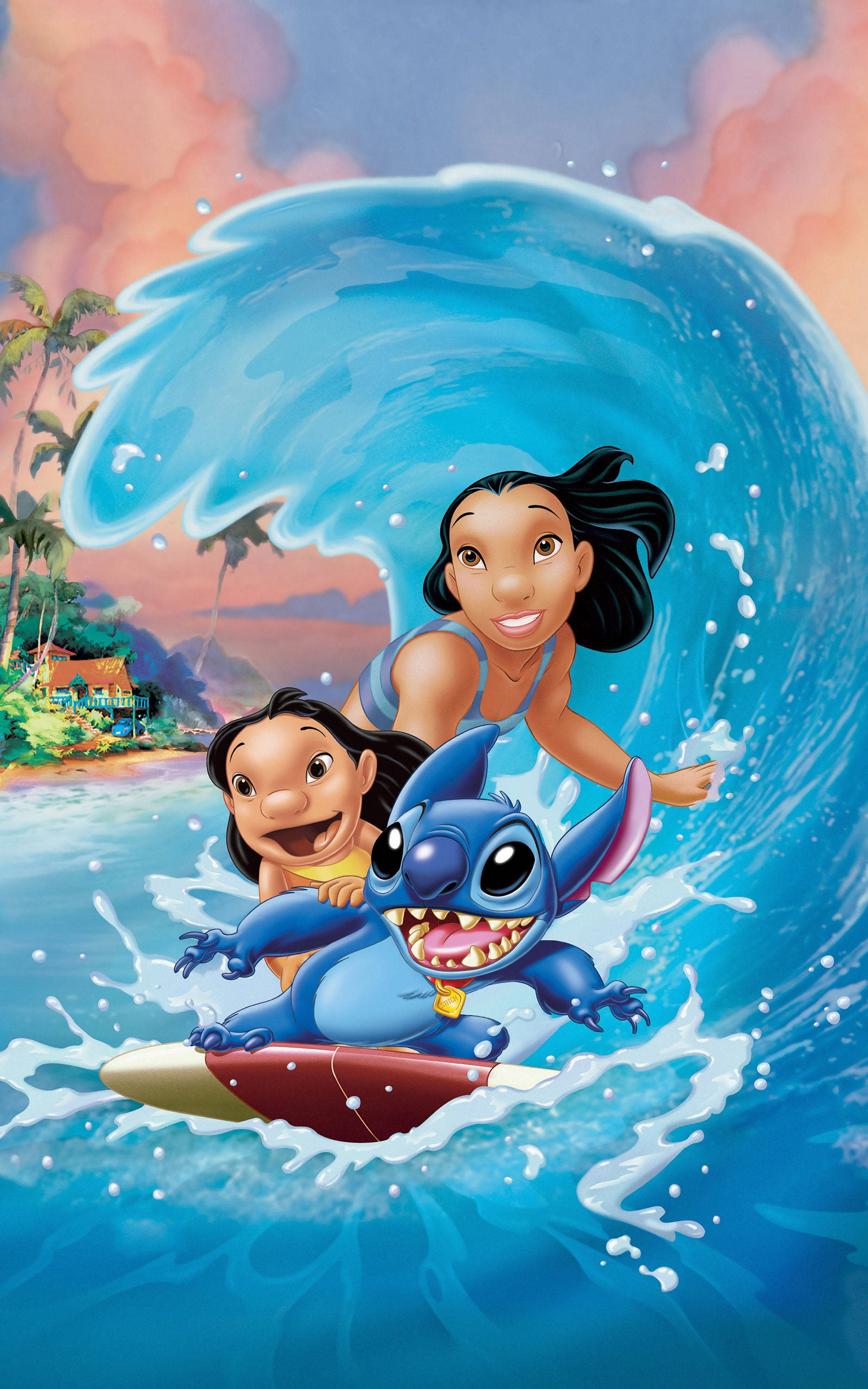 stitch 3d 桌布 壁紙 — Lilo 和 Stitch 在熱帶日落背景下，愉快地踩著衝浪板乘著巨大的海浪。