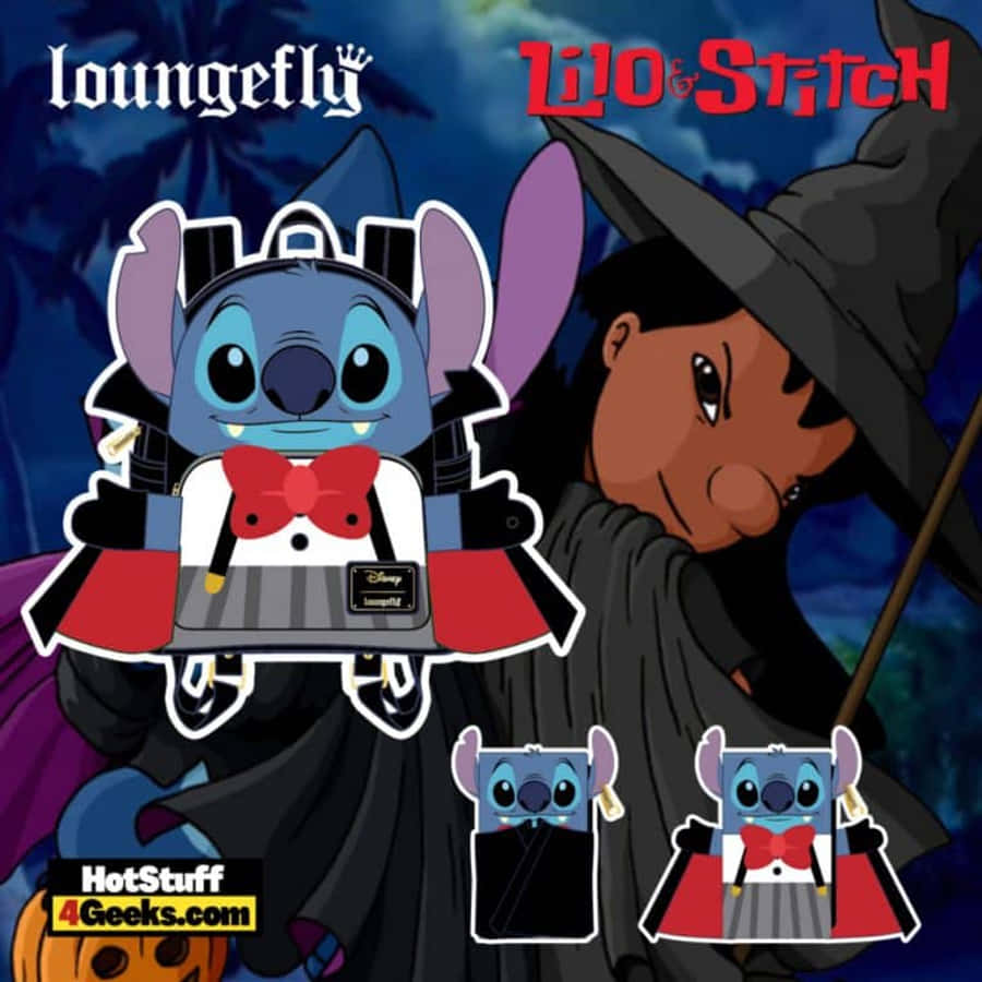 桌布 壁紙 — Lilo 和 Stitch 穿著萬聖節服裝，Stitch 扮成吸血鬼，Lilo 扮成女巫，背景是漆黑的夜空。