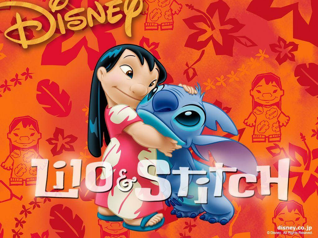 stitch 3d 桌布 壁紙 — Lilo 在充滿活力的橙色背景上擁抱 Stitch，背景有花卉圖案和迪士尼品牌標誌。