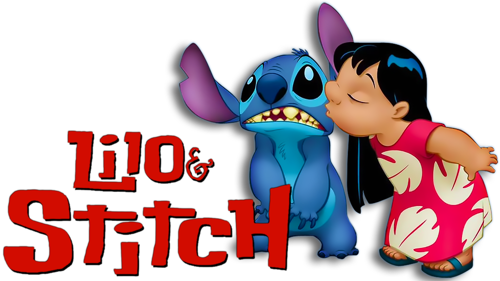 星際寶貝 桌布 壁紙 — Lilo 穿著粉紅色碎花裙，親吻 Stitch 的臉頰，Stitch 露出牙齒，表情驚訝。