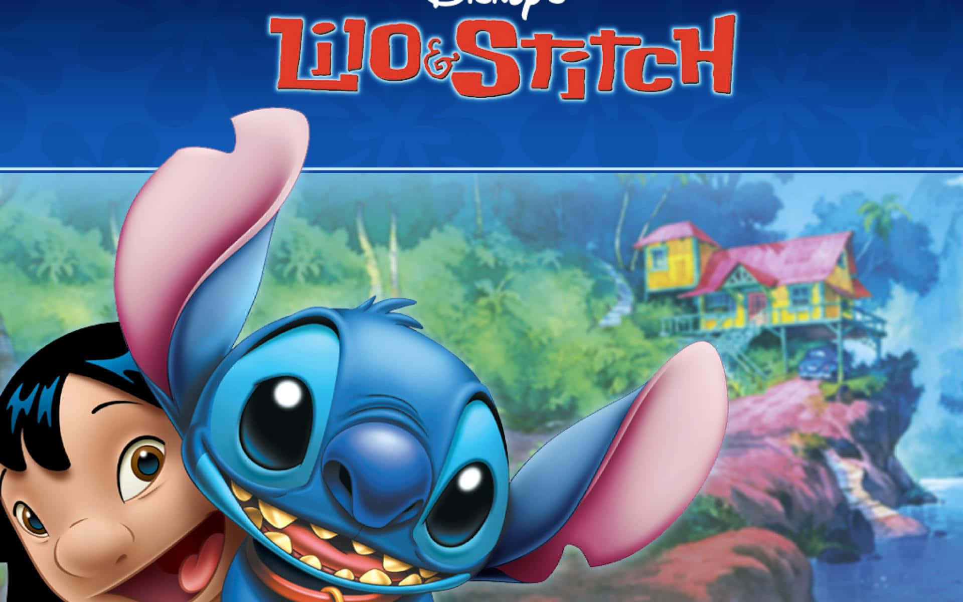 Cute Lilo And Stitch 桌布 壁紙 — Lilo 與 Stitch 在熱帶懸崖上色彩繽紛的房子前面開心微笑。