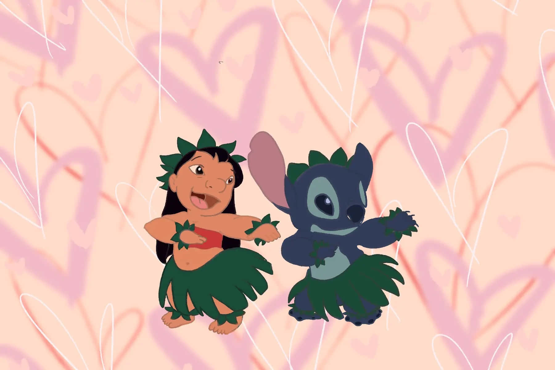 星際寶貝 桌布 壁紙 — Lilo 與 Stitch 穿著草裙在充滿漂浮心形的柔和粉紅色背景前快樂地跳舞。