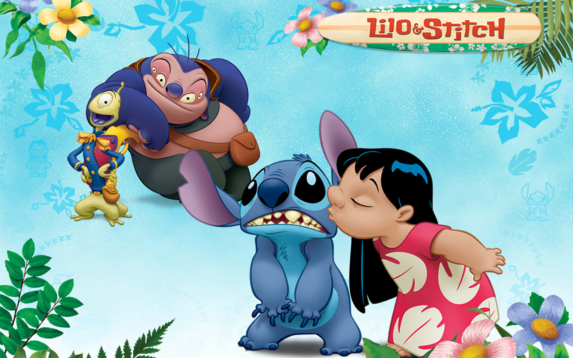 桌布 壁紙 — Lilo 親吻 Stitch，而實驗體 624 和 625 在熱帶花卉場景中觀看。