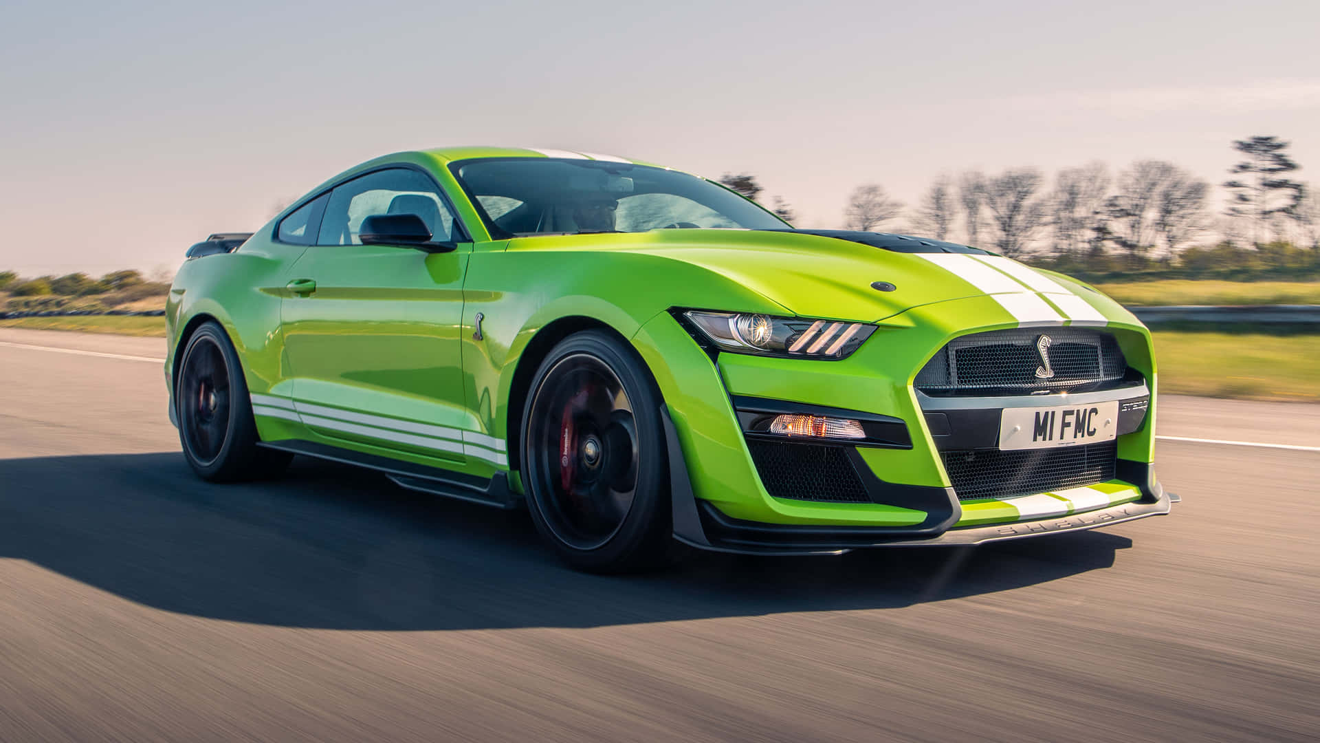  壁紙 — 一輛充滿活力的萊姆綠色福特野馬Shelby GT500在陽光明媚的高速公路上奔馳，動態模糊效果強調了其動力和流線型設計。