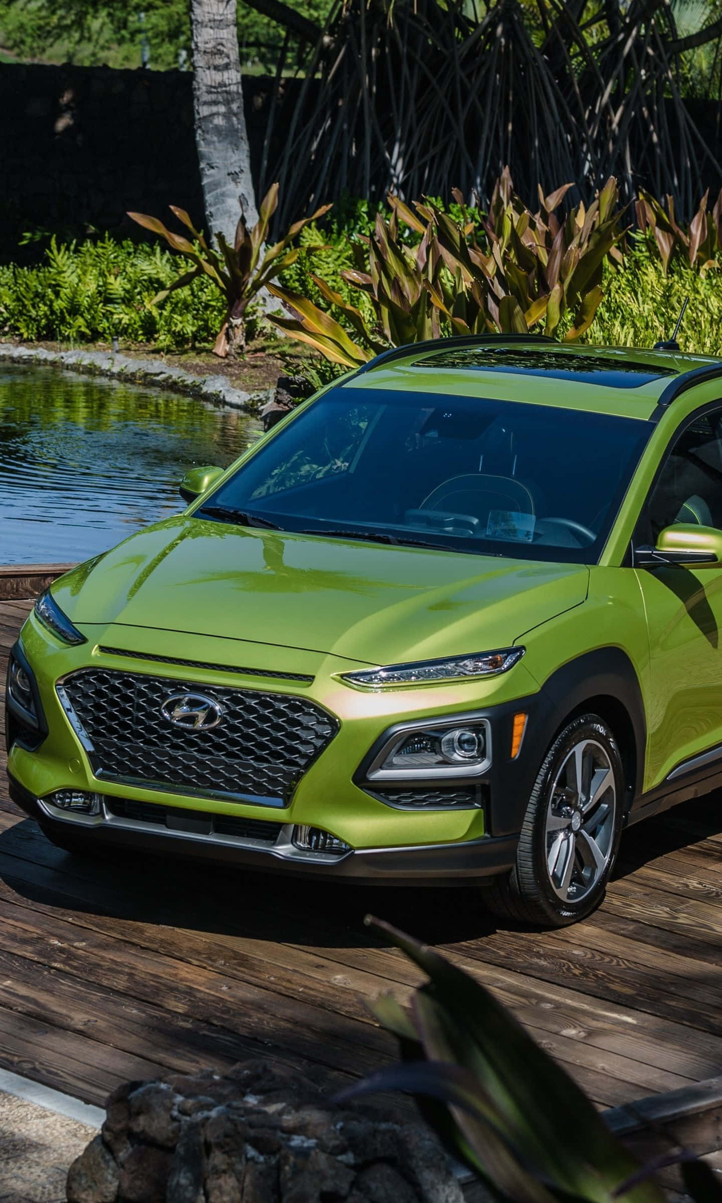 Hyundai Kona 桌布 壁紙 — 一輛鮮豔的青檸綠色現代Kona SUV停放在木甲板上，旁邊是一個熱帶池塘，周圍有茂密的樹葉。