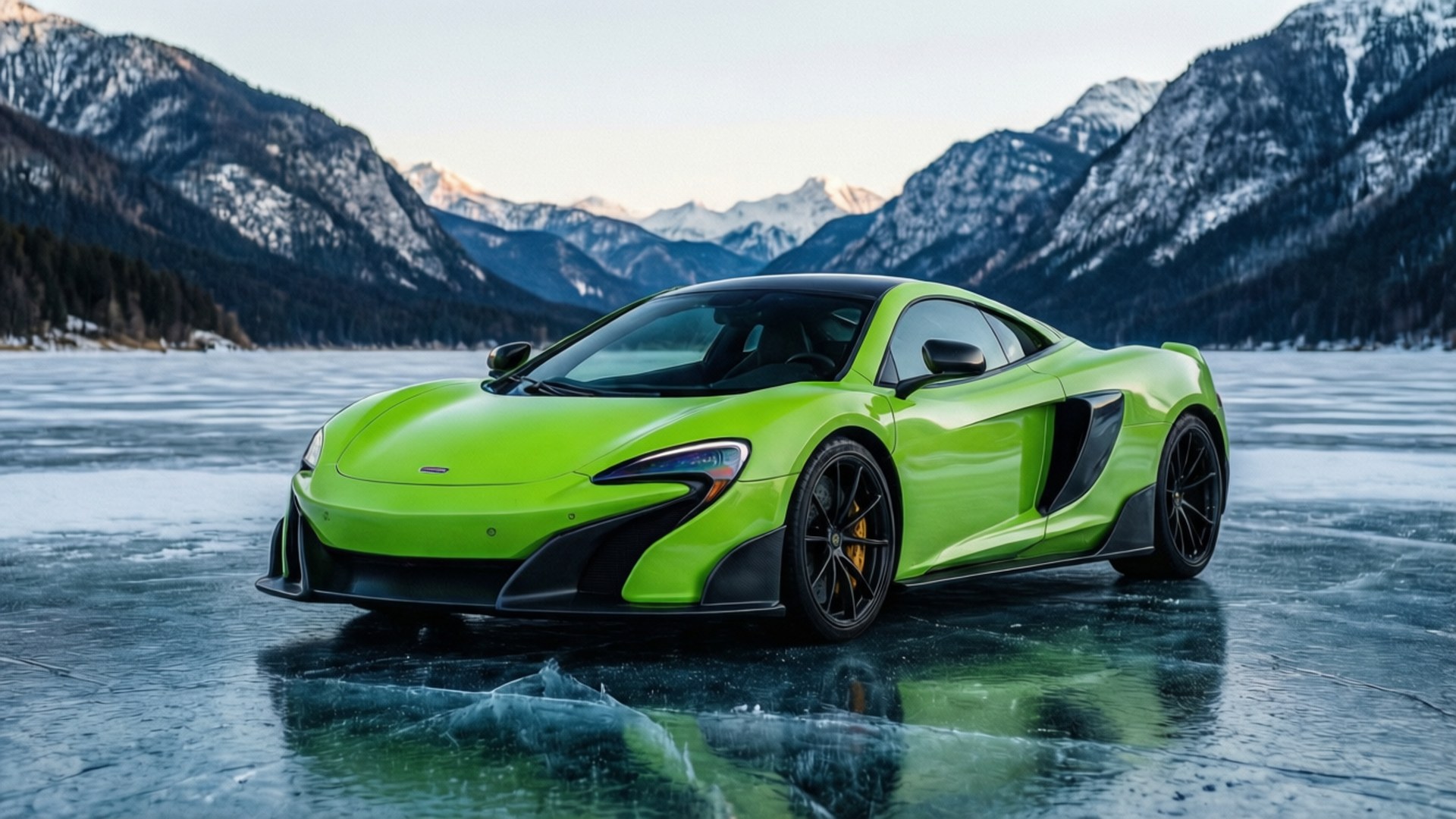 Mclaren 675lt 桌布 壁紙 — 一輛鮮豔的萊姆綠色McLaren跑車停放在結冰的湖面上，背景是白雪覆蓋的山脈。
