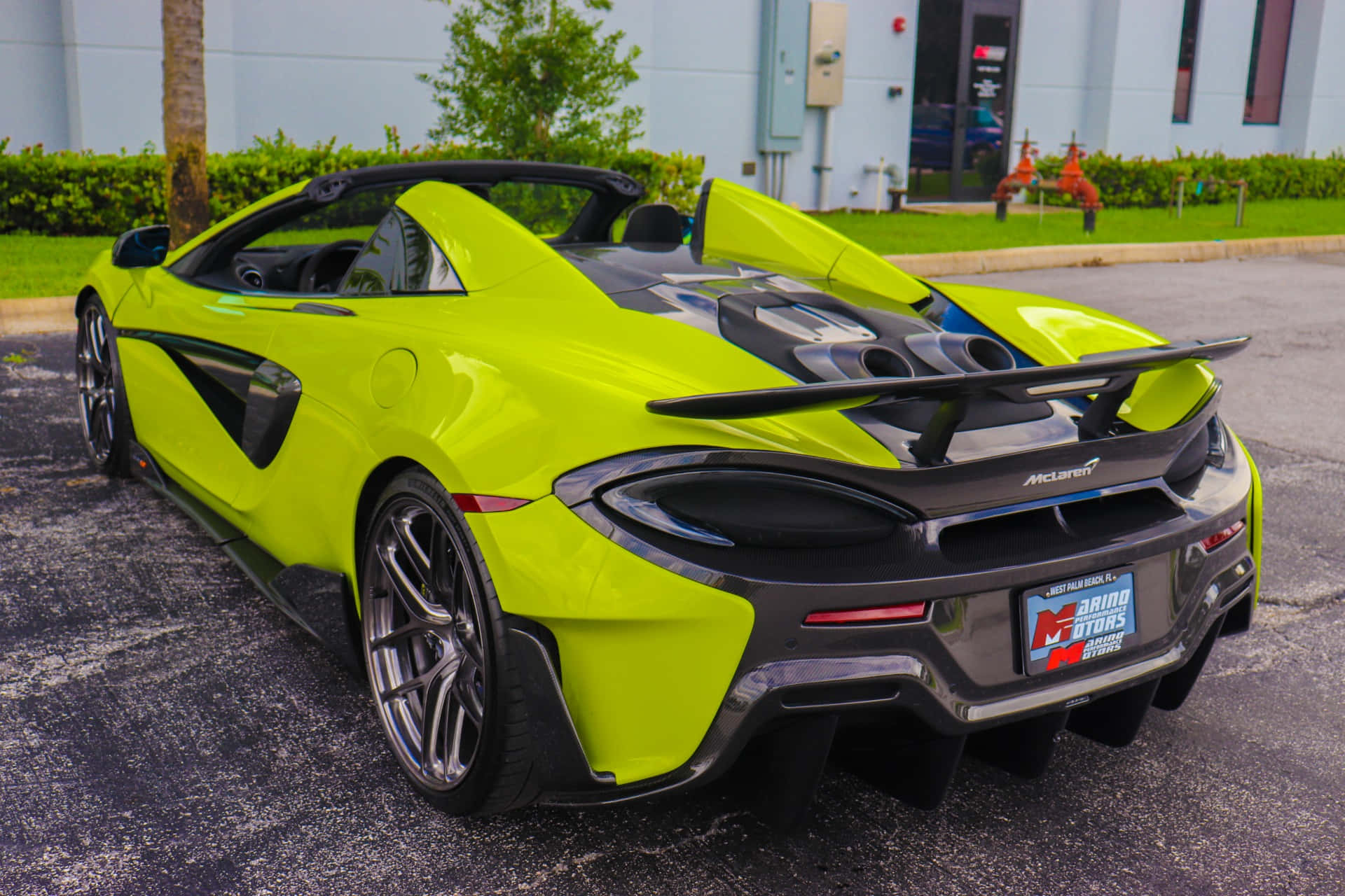 Mclaren 600lt Spider 桌布 壁紙 — 一輛鮮豔的青檸綠色McLaren跑車，配備黑色車頂和後擾流板，停放在建築物和棕櫚樹附近的瀝青路面上。