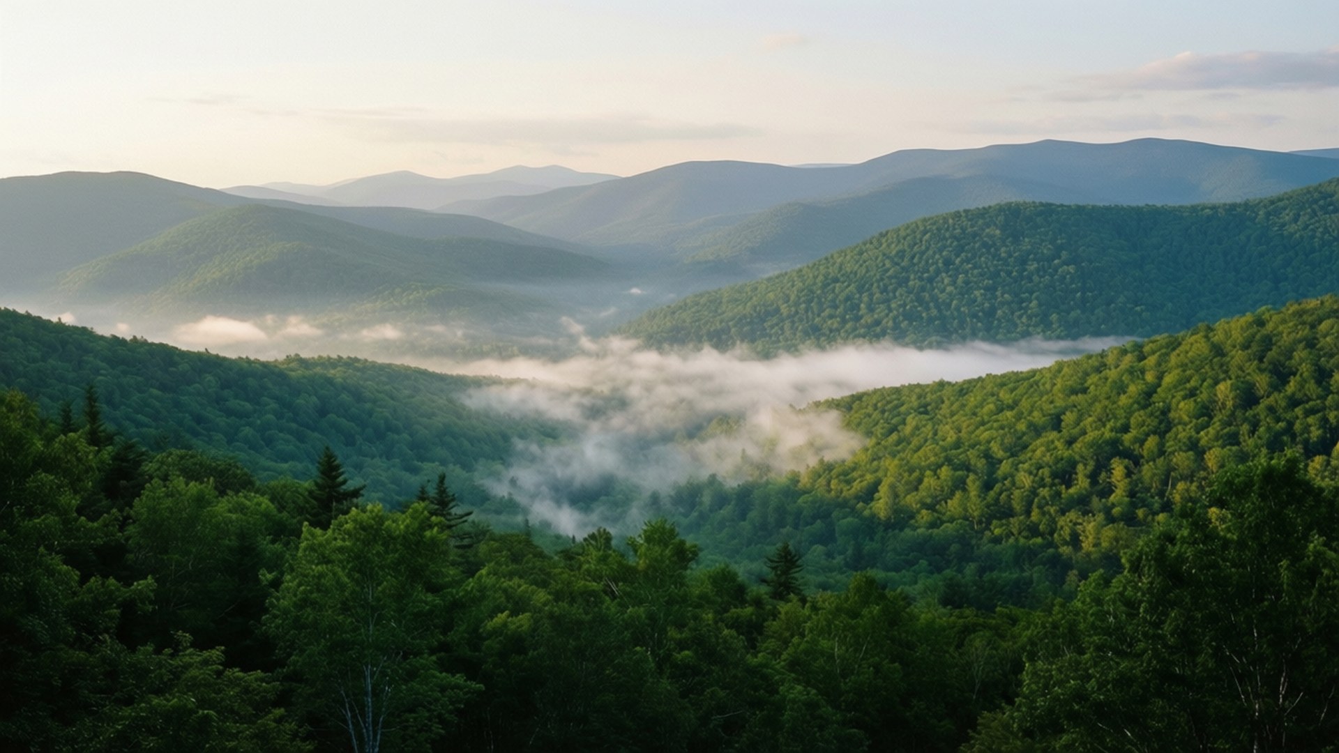 Smoky Mountains Mist 壁紙 — 黎明時分，連綿起伏的青山籠罩在薄霧中，層層疊疊的森林山谷和柔和的金色光芒。