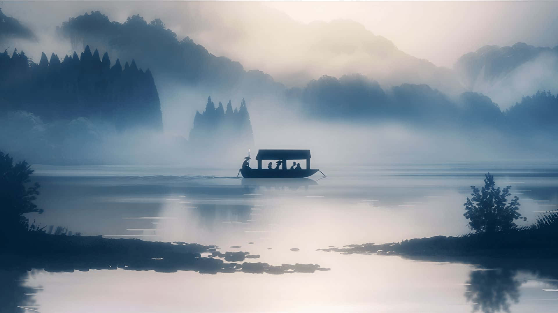  壁紙 — 黎明時分，寧靜的霧湖上，一艘載著剪影人物的小船在平靜的水面上滑行，四周環繞著森林覆蓋的山丘。