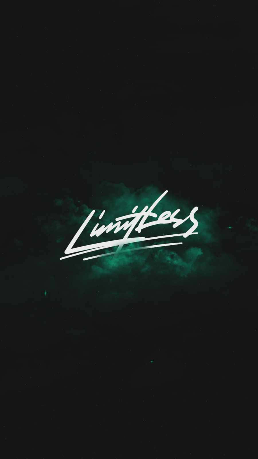 Word 桌布 壁紙 — 「Limitless」一詞以白色字體在深色宇宙背景上發光，背景帶有藍綠色星雲雲團和散落的星星。