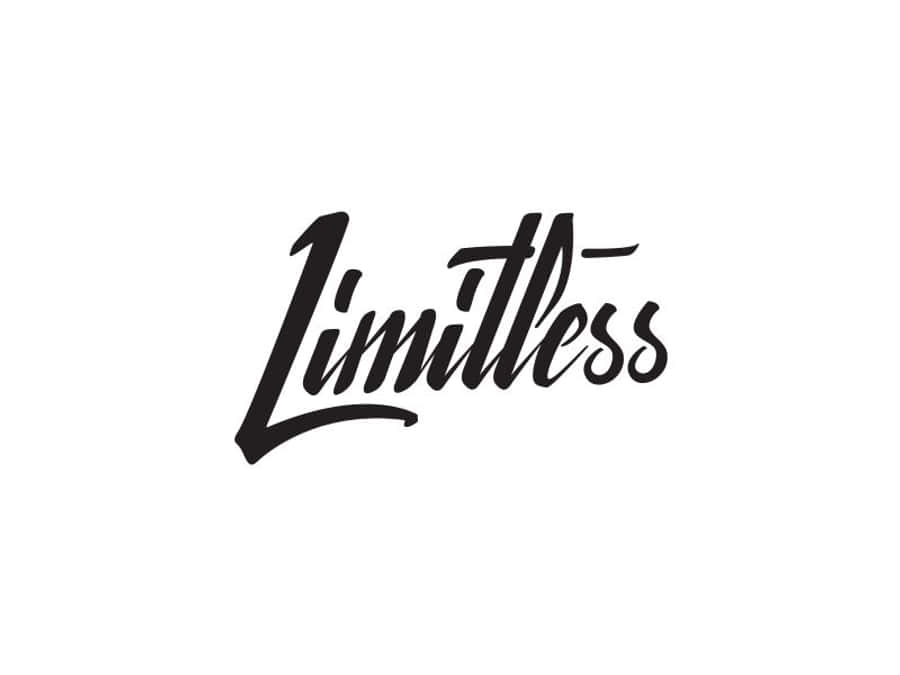 Typography 桌布 壁紙 — 「Limitless」這個詞以粗體黑色毛筆字體居中顯示在純白色背景上。