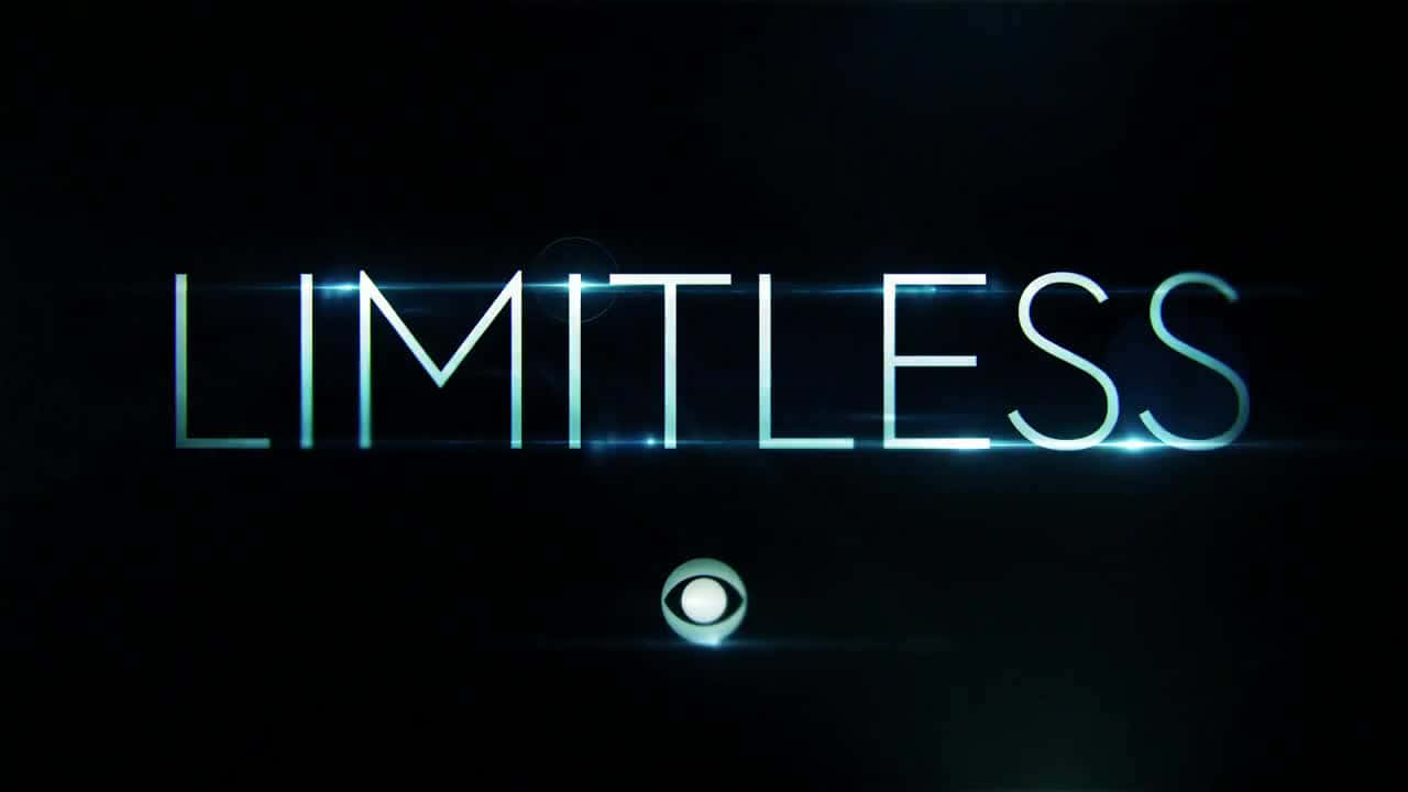 Word 桌布 壁紙 — LIMITLESS 這個詞在黑色背景上發出電光藍色的光芒，下方有一個 CBS 眼睛標誌。