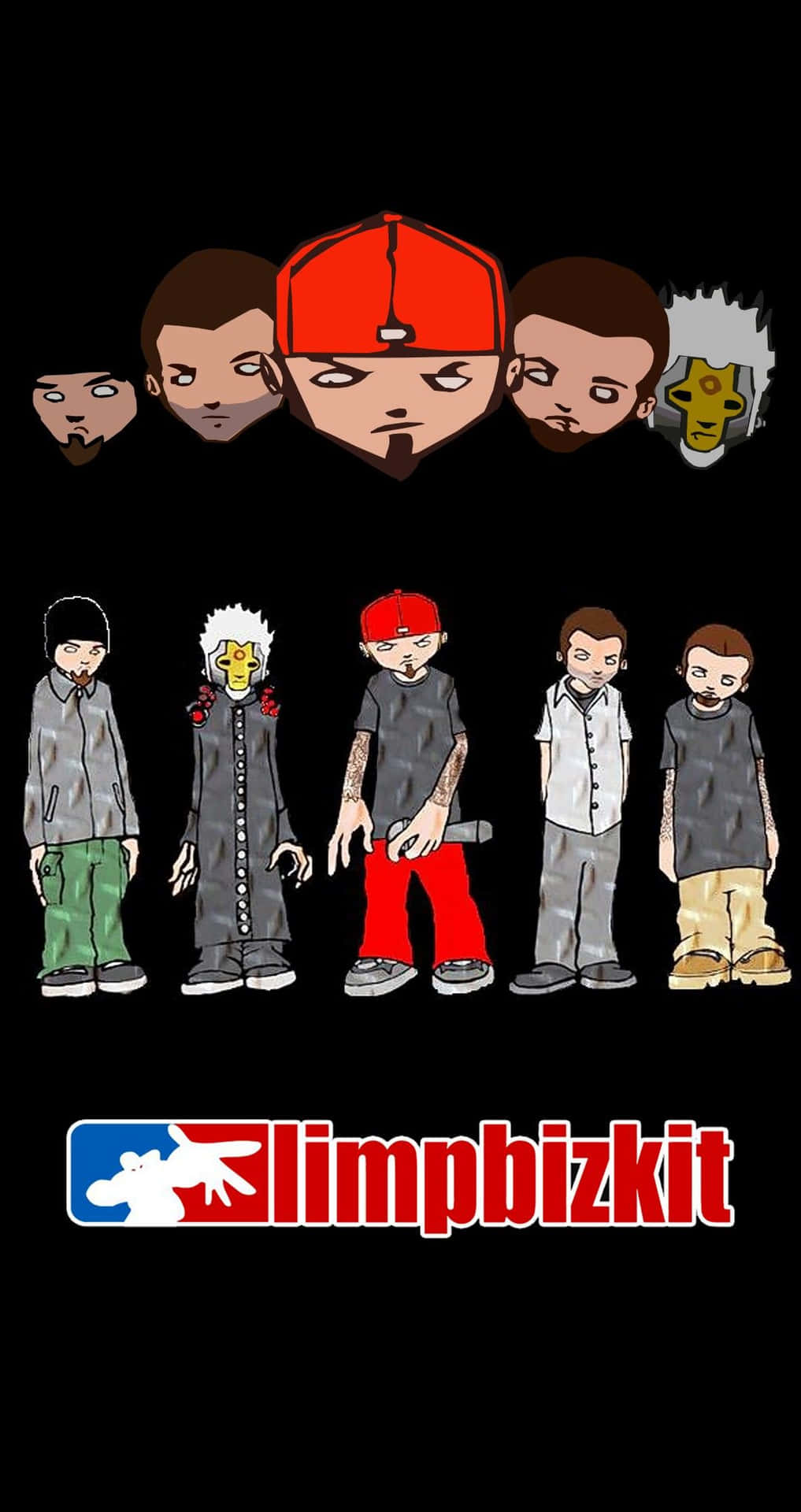  壁紙 — Limp Bizkit 的插圖樂隊成員在黑色背景前站成一排，下方有他們的標誌。