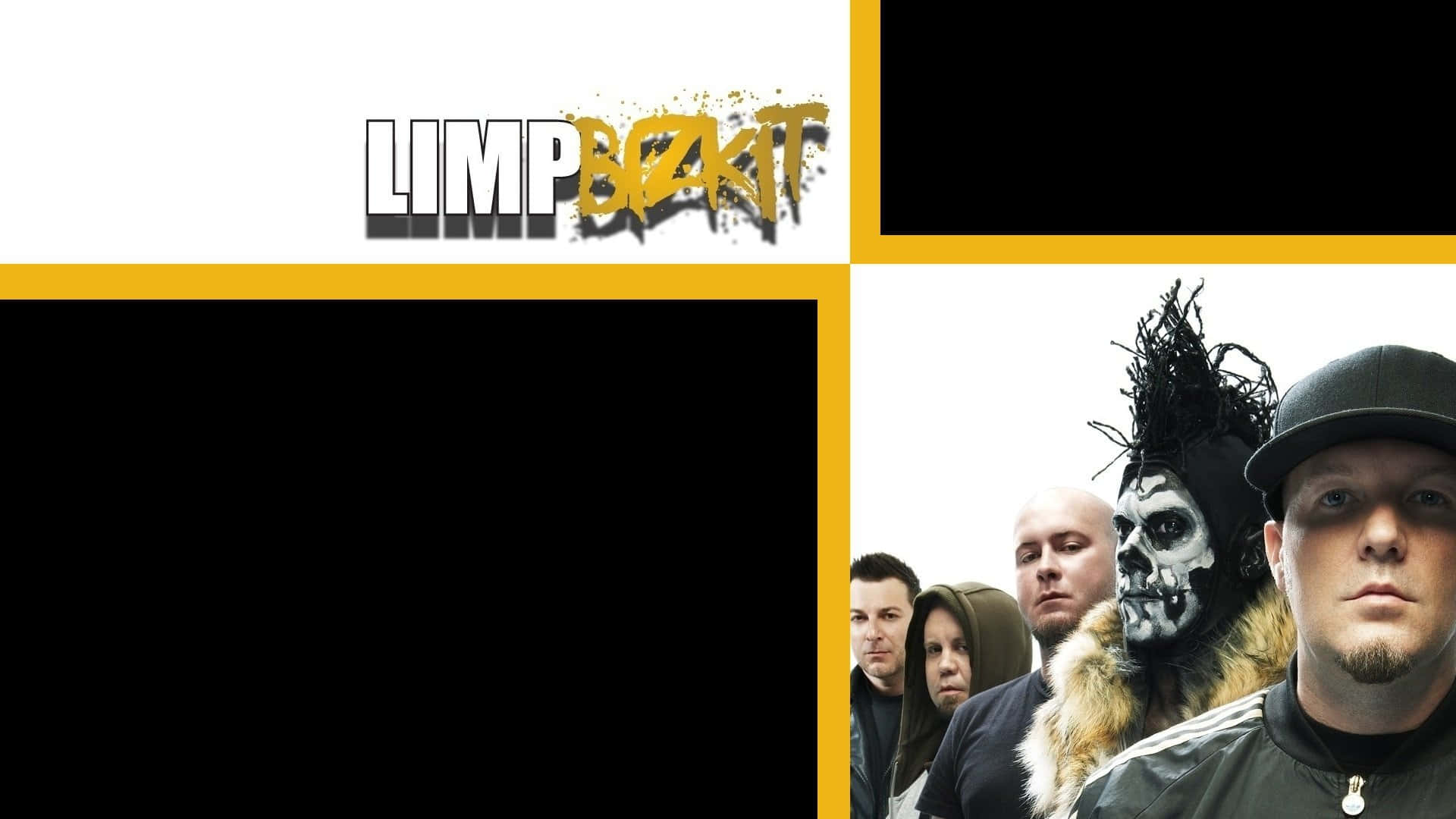  壁紙 — Limp Bizkit 樂團成員以骷髏妝容和前衛時尚在鮮明的黃黑圖形背景前擺姿勢。