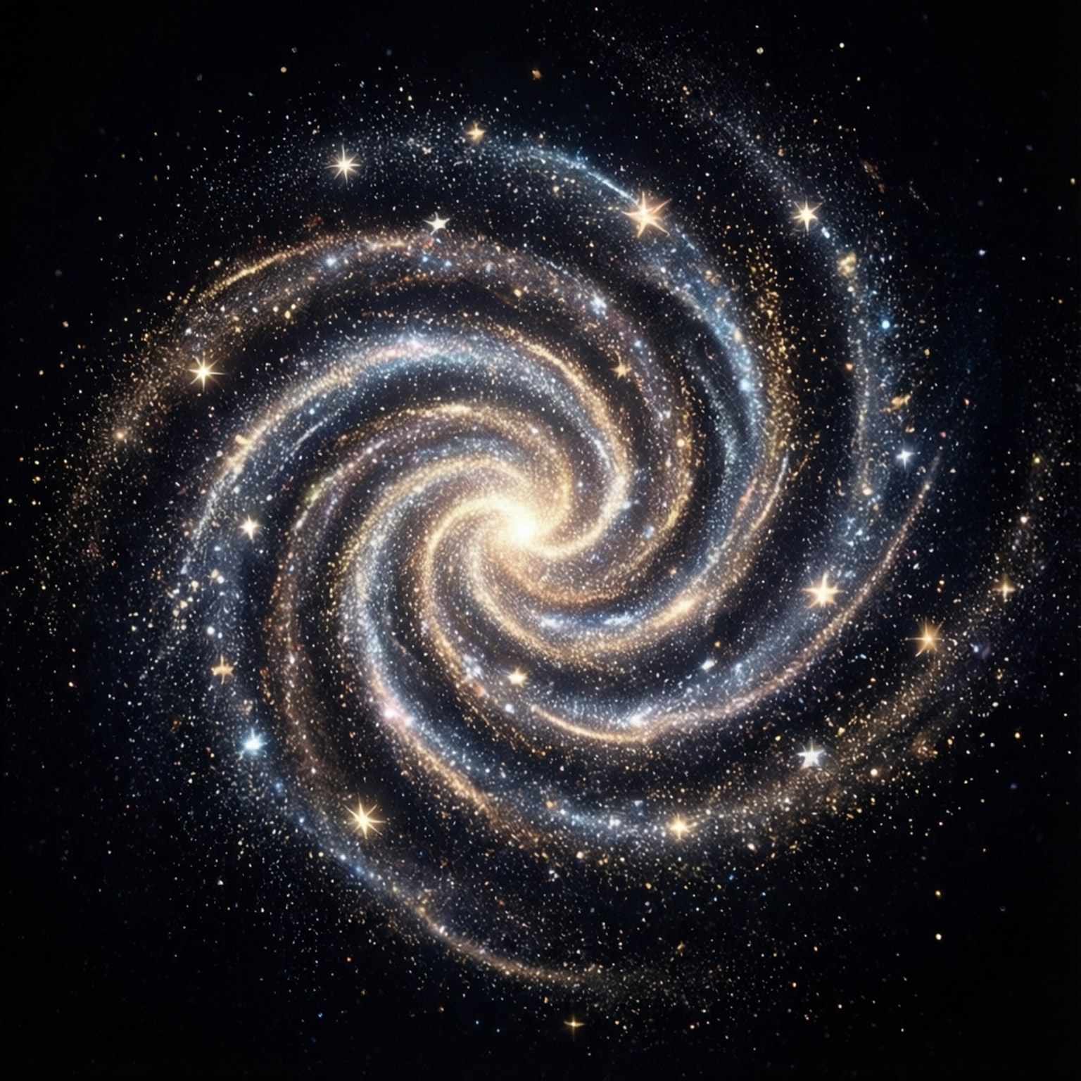 銀河塵埃螺旋 壁紙 — 一個令人驚嘆的螺旋星系，在繁星點點的宇宙背景下旋轉著金色和藍色的色調。