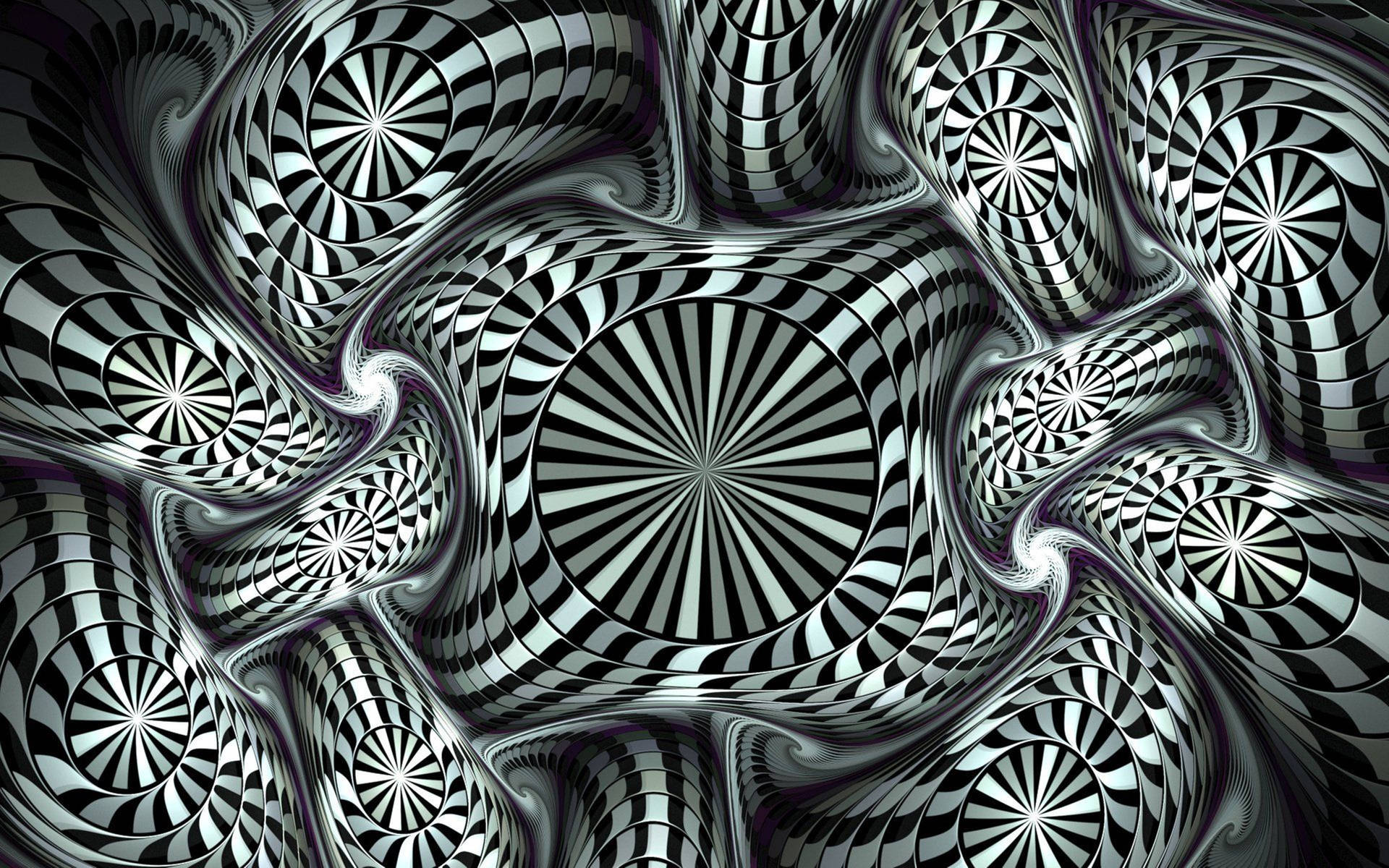 黑白旋轉放射狀圖案，帶有光澤紫色亮點，營造出3D錯視效果。 — 3D 壁紙