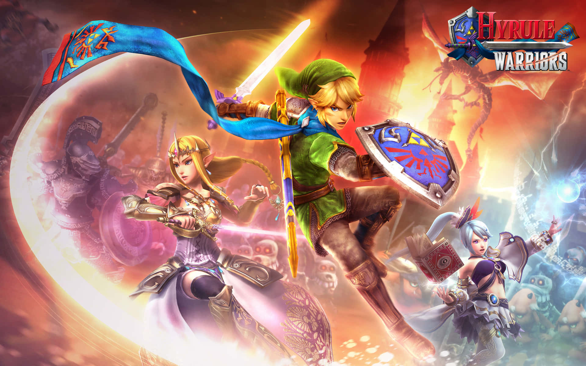 林克和薩爾達在《Hyrule Warriors》中與盟友對抗火龍。 — Fire Emblem Warriors 壁紙
