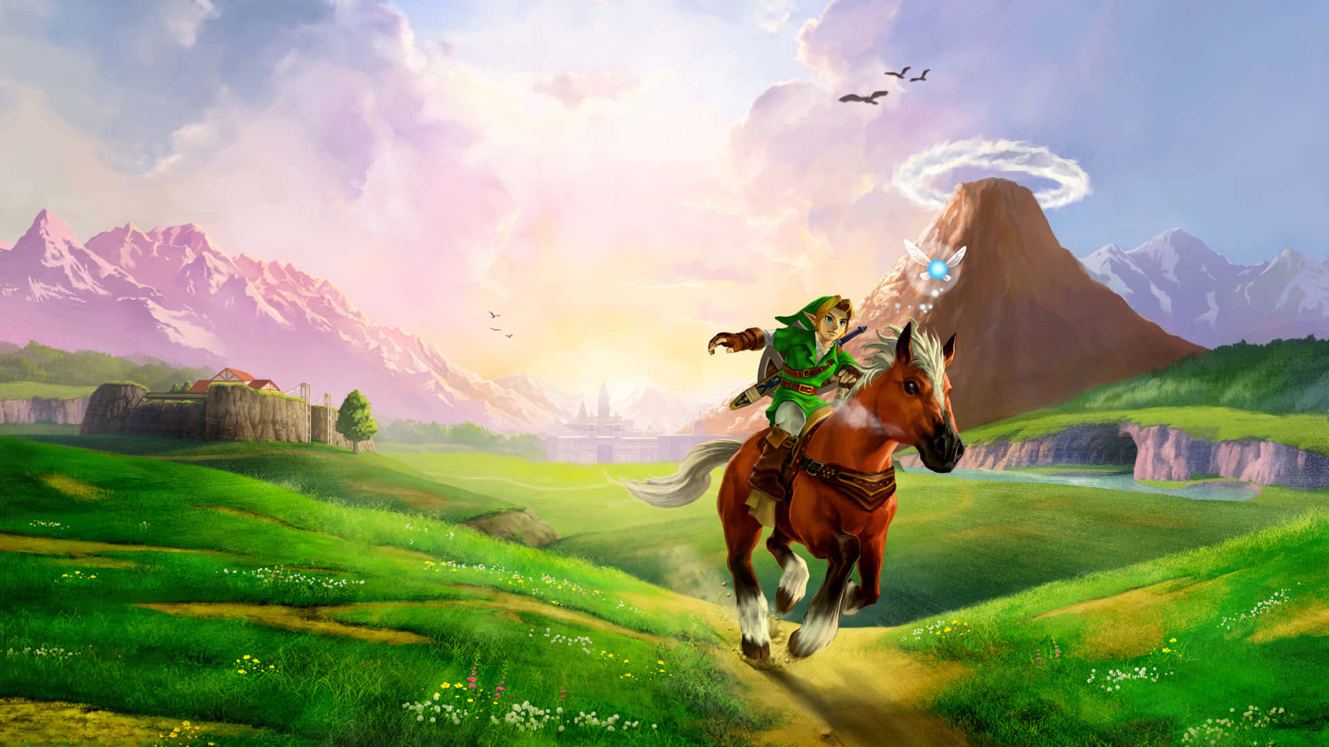 Link騎馬奔馳在草地上，背景有山脈。 — 薩爾達傳說 � Breath of the Wild 壁紙