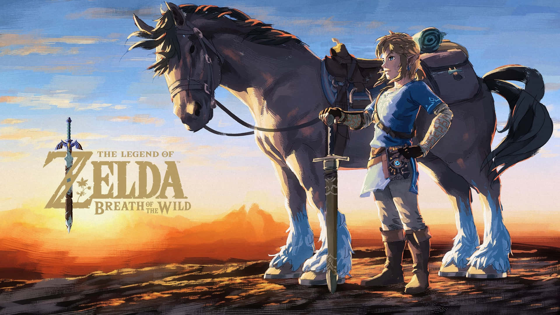 Link 和他的馬站在日落田野中，手持劍，Zelda 遊戲標誌清晰可見。 — 薩爾達 壁紙